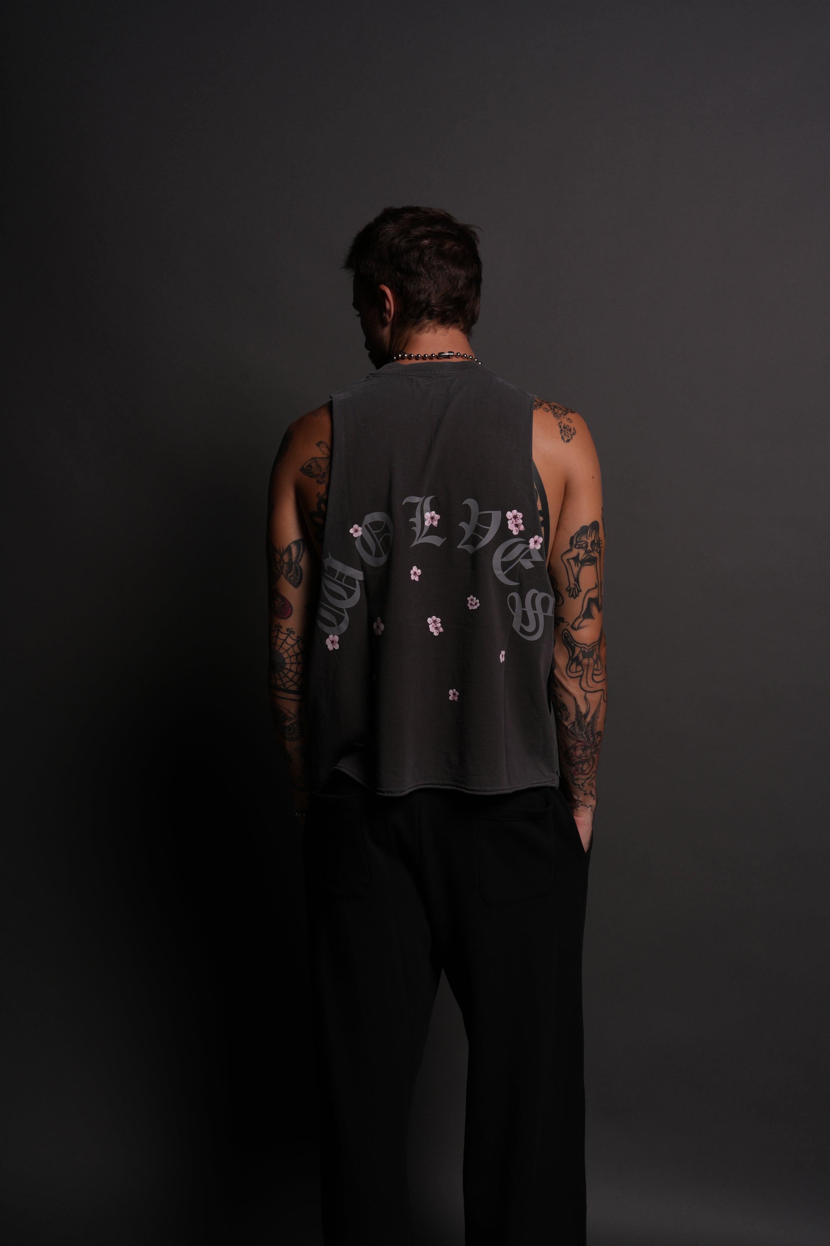 Blood Thirsty Kanji Grunge Raw Cropped "Tommy" Muscle Tee in Wolf Gray