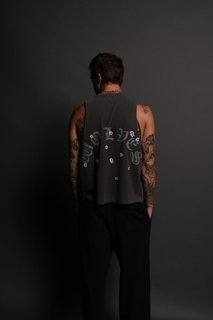 Blood Thirsty Kanji Grunge Raw Cropped "Tommy" Muscle Tee in Wolf Gray