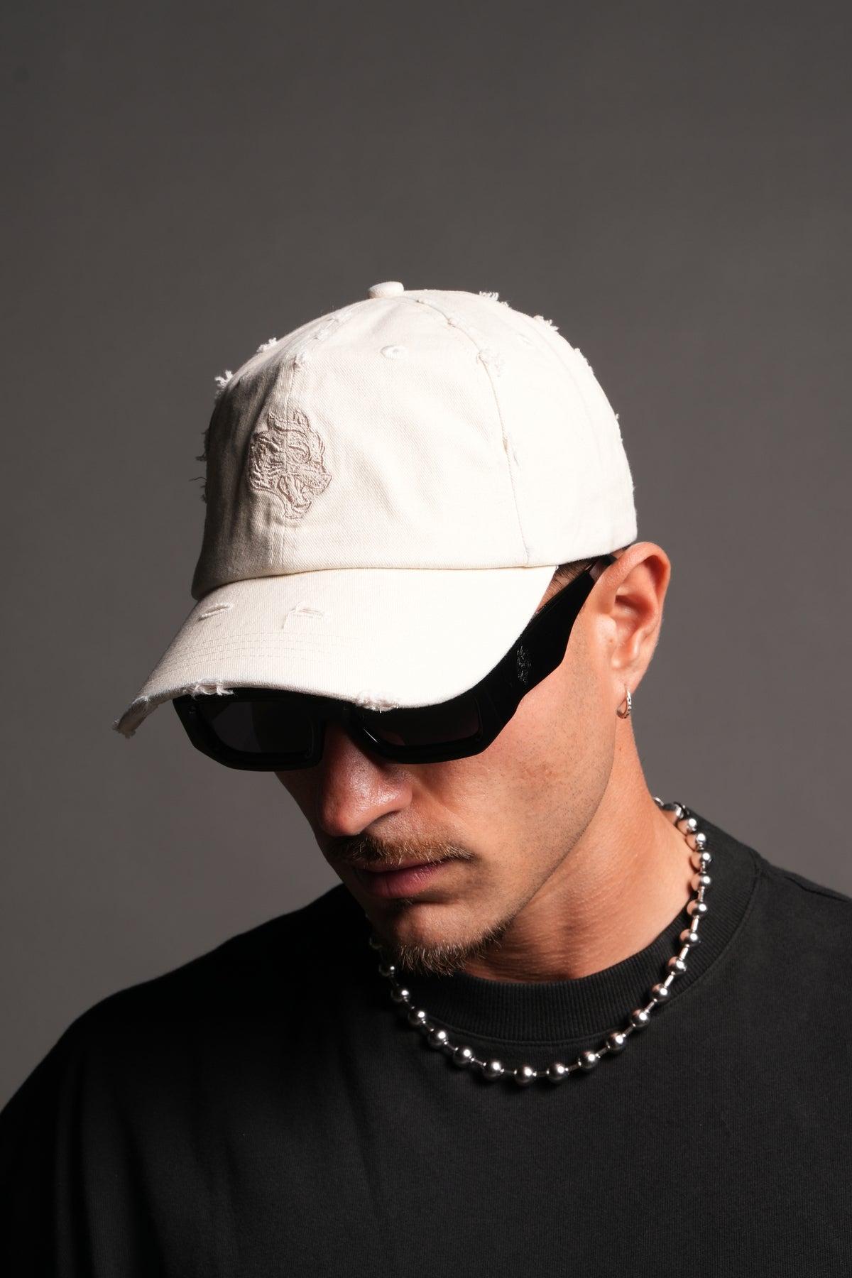 Wolf Head Distressed Dad Hat In Cream