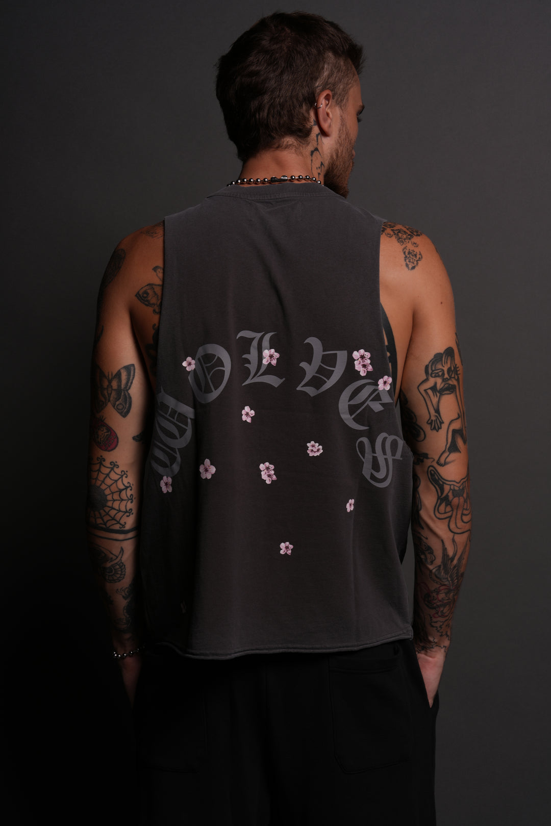 Blood Thirsty Kanji Grunge Raw Cropped "Tommy" Muscle Tee in Wolf Gray