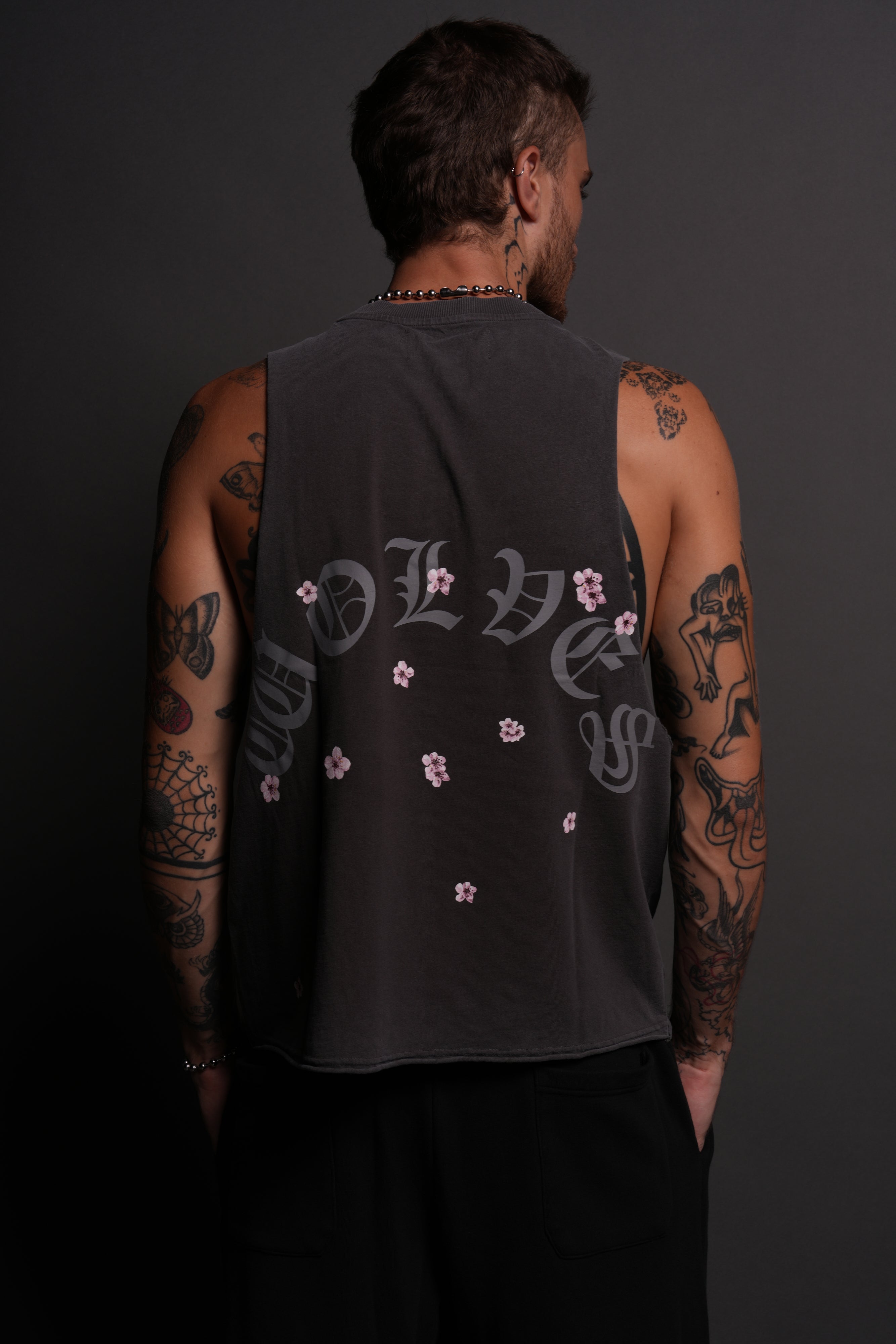 Blood Thirsty Kanji Grunge Raw Cropped "Tommy" Muscle Tee in Wolf Gray