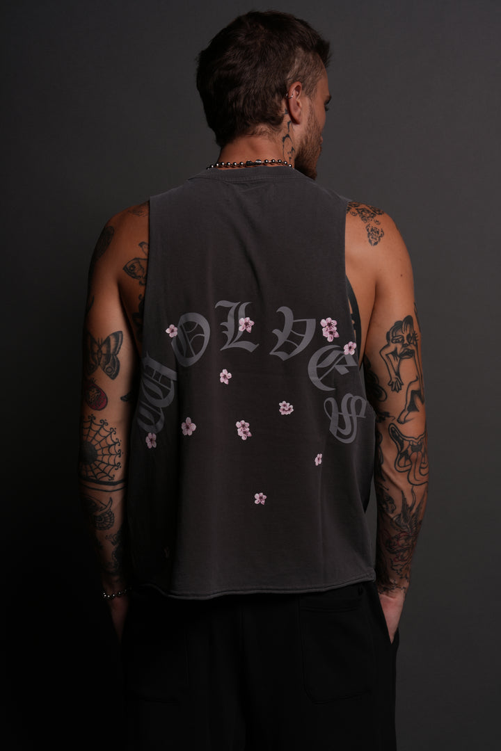 Blood Thirsty Kanji Grunge Raw Cropped "Tommy" Muscle Tee in Wolf Gray
