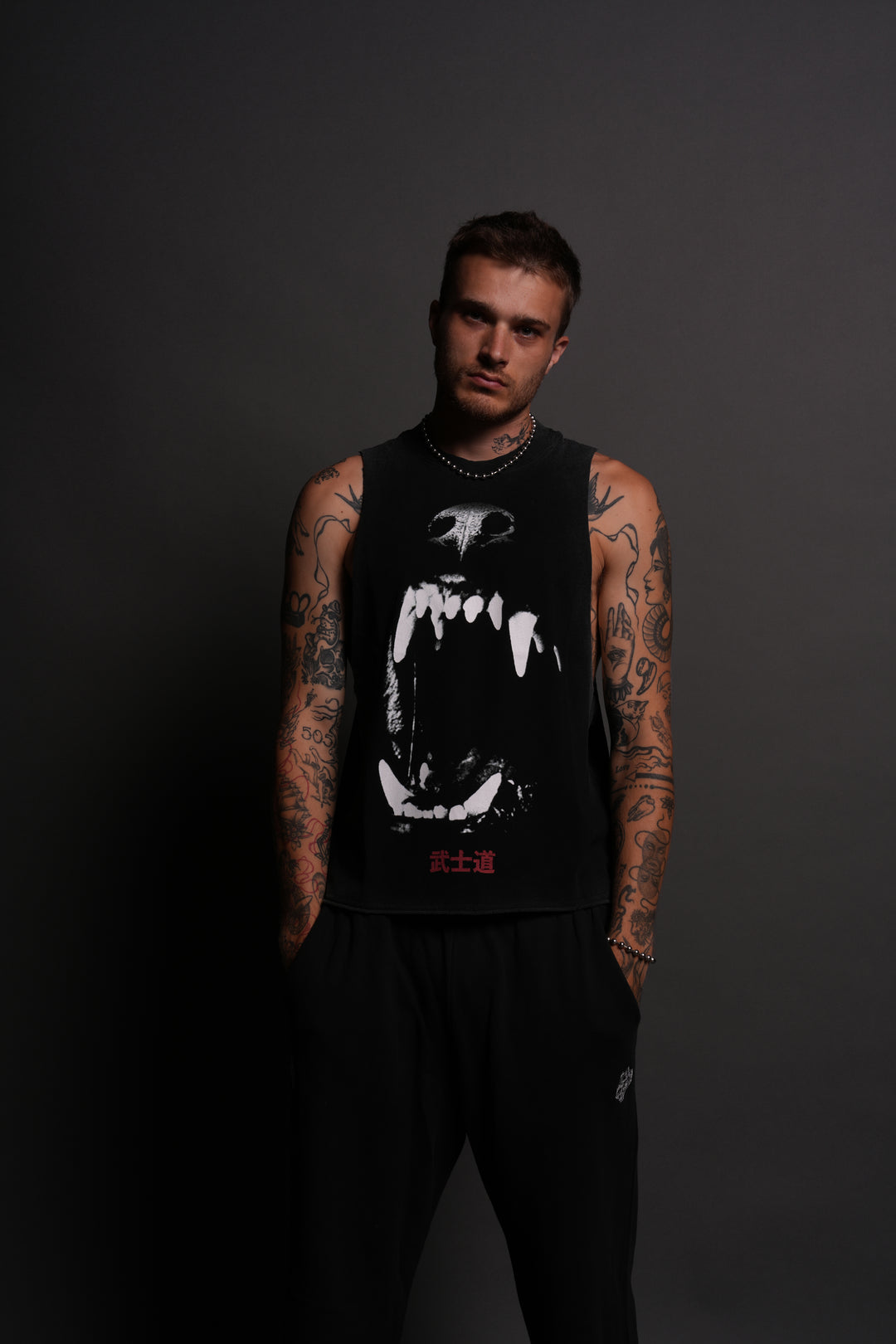 Blood Thirsty Kanji Grunge Raw Cropped "Tommy" Muscle Tee in Black