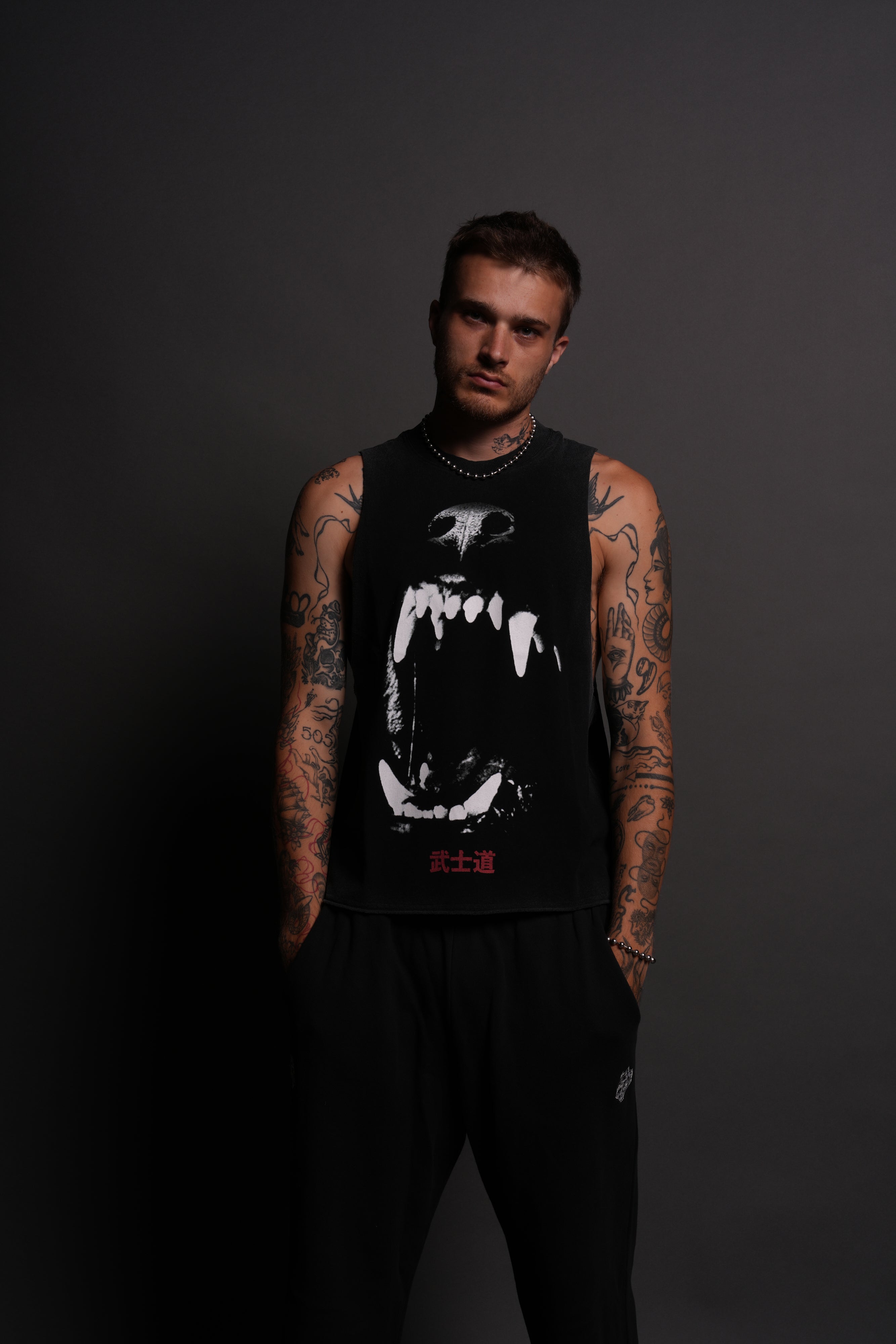 Blood Thirsty Kanji Grunge Raw Cropped "Tommy" Muscle Tee in Black
