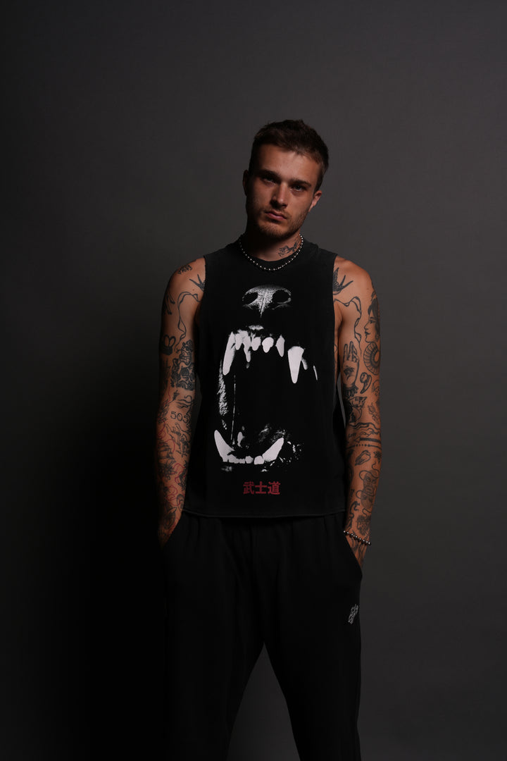 Blood Thirsty Kanji Grunge Raw Cropped "Tommy" Muscle Tee in Black
