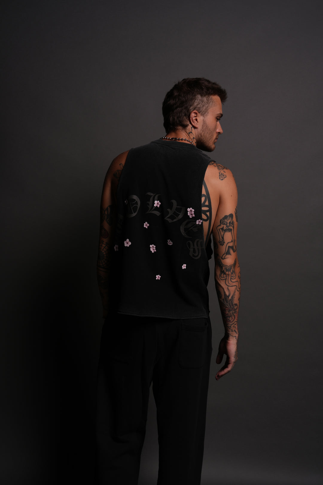 Blood Thirsty Kanji Grunge Raw Cropped "Tommy" Muscle Tee in Black