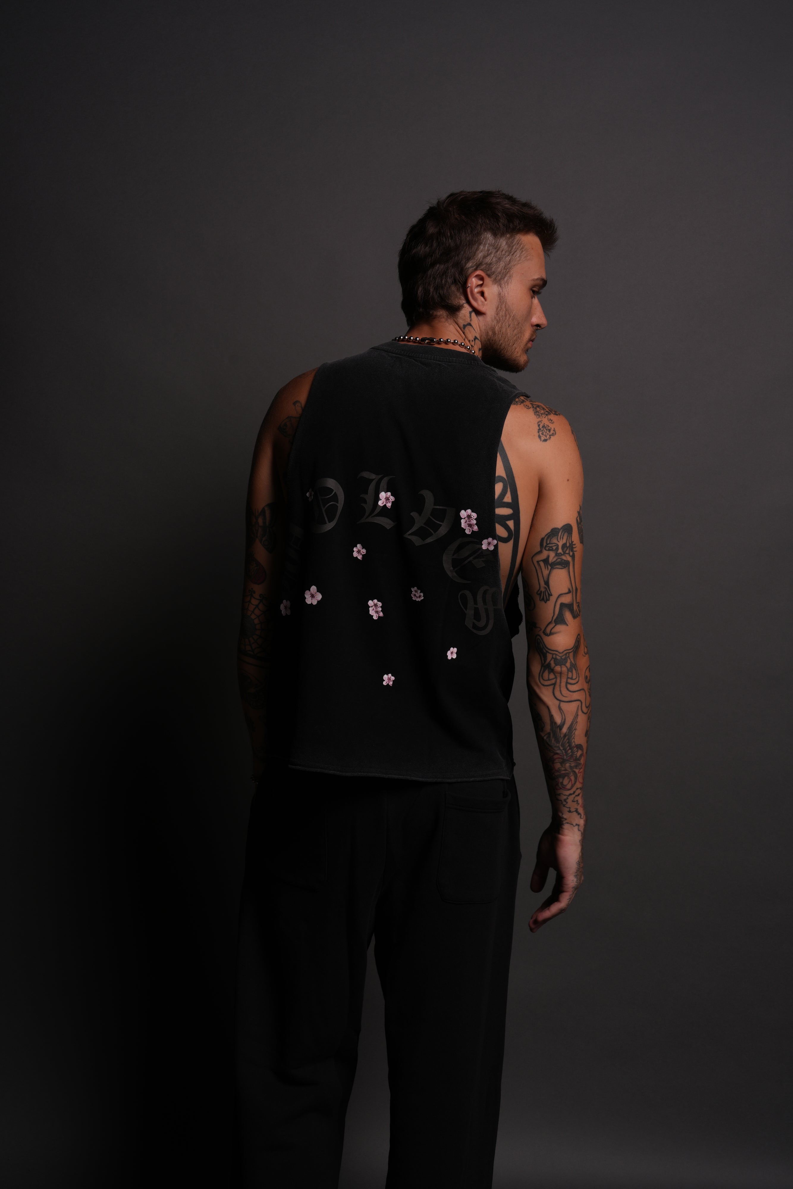 Blood Thirsty Kanji Grunge Raw Cropped "Tommy" Muscle Tee in Black