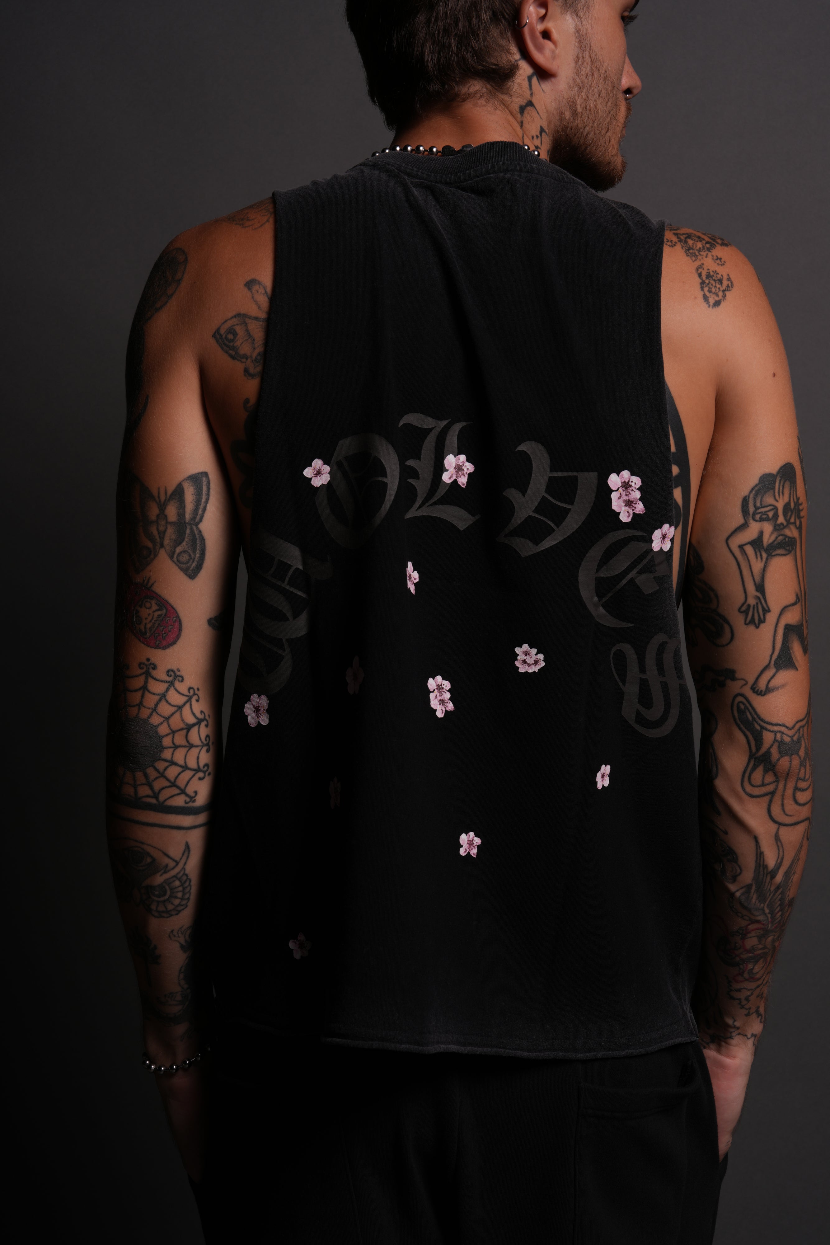 Blood Thirsty Kanji Grunge Raw Cropped "Tommy" Muscle Tee in Black