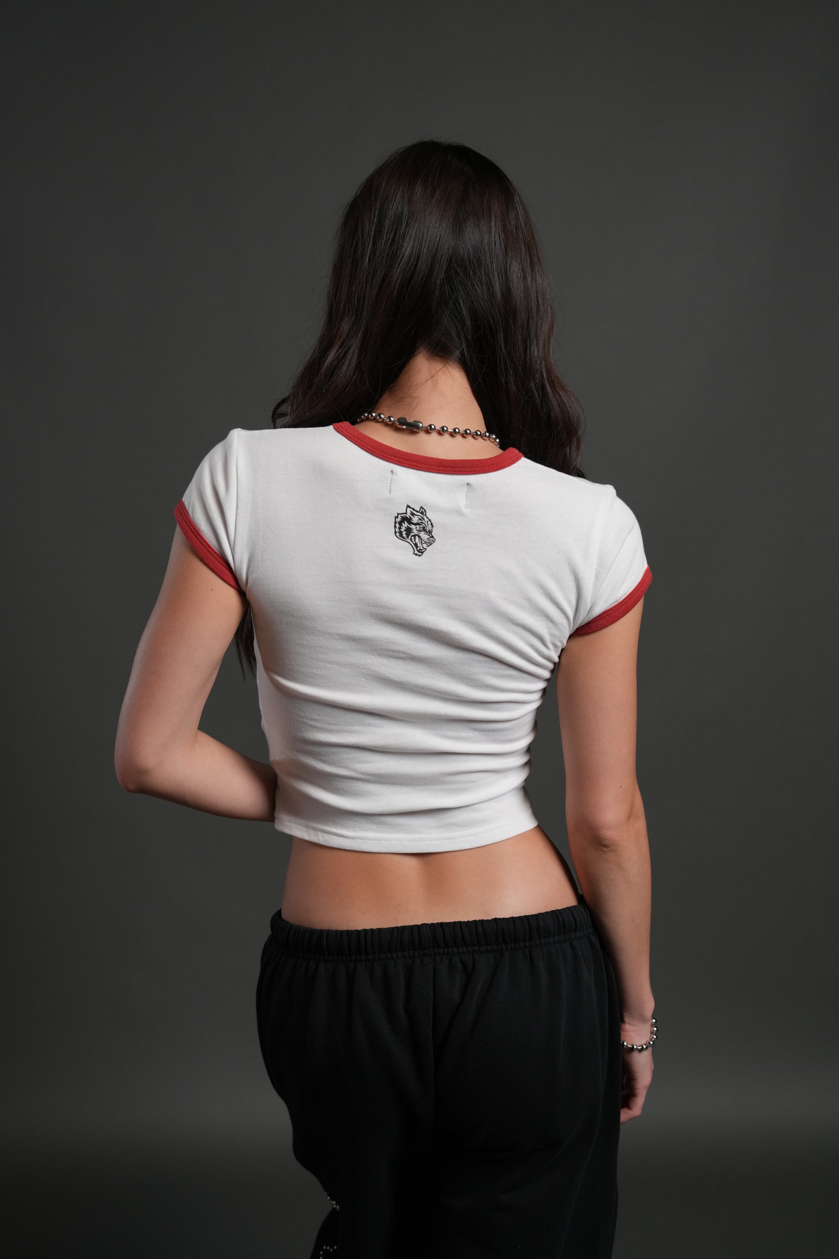 Sacred Flame Ringer "Baby" Tee in White/Roman Red