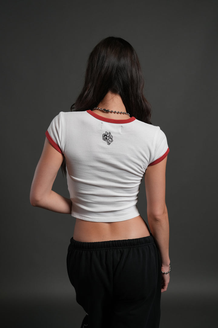 Sacred Flame Ringer "Baby" Tee in White/Roman Red