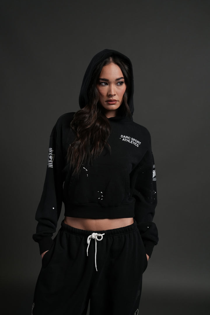Darc Sport Athletics Owen Cropped Hoodie in Black Drift Wash