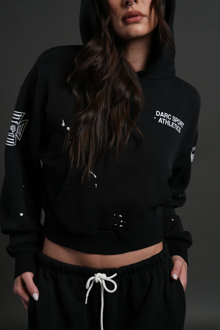 Darc Sport Athletics Owen Cropped Hoodie in Black Drift Wash