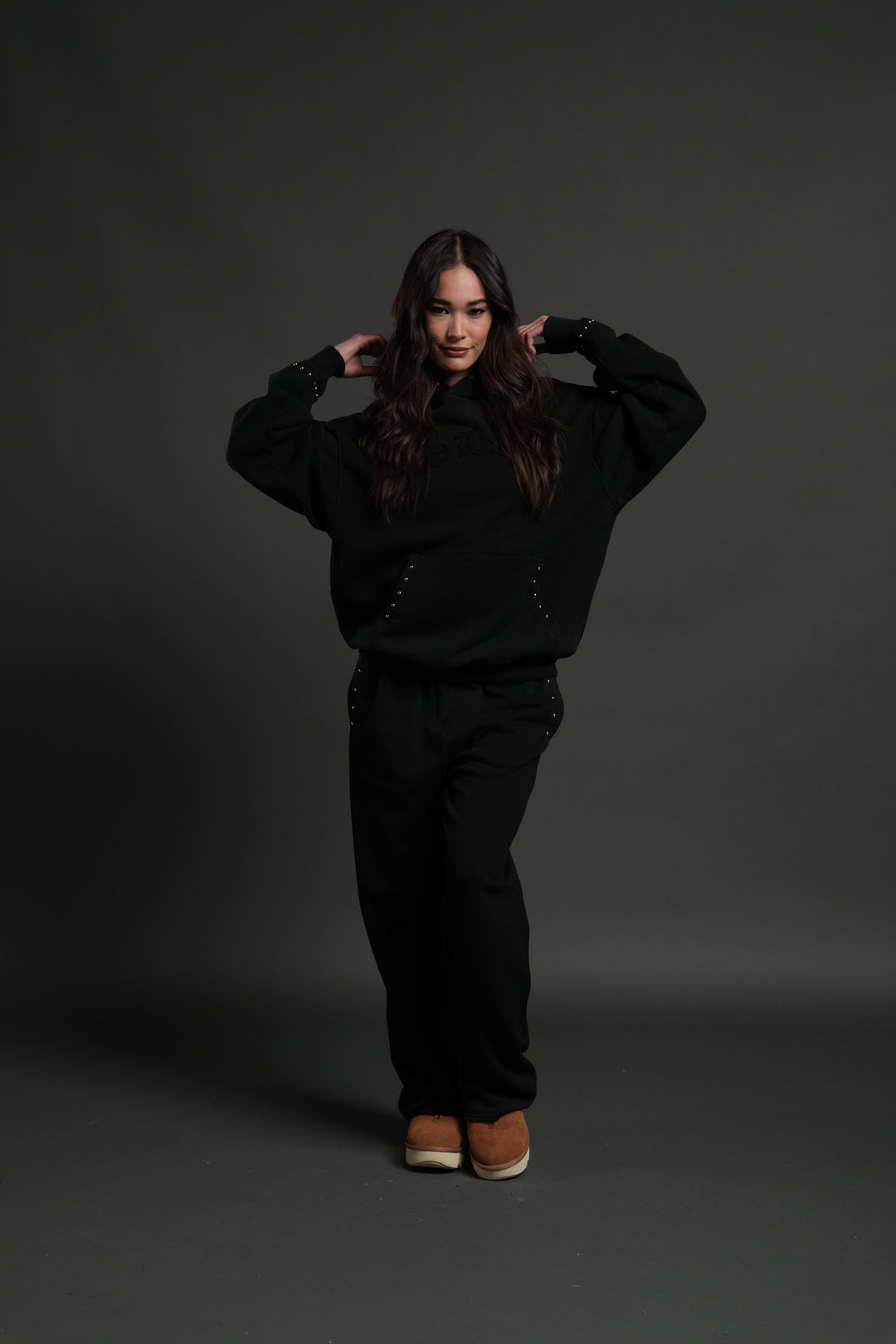 Studded Chopper Appliqué Pierce Hoodie in Black Drift Wash