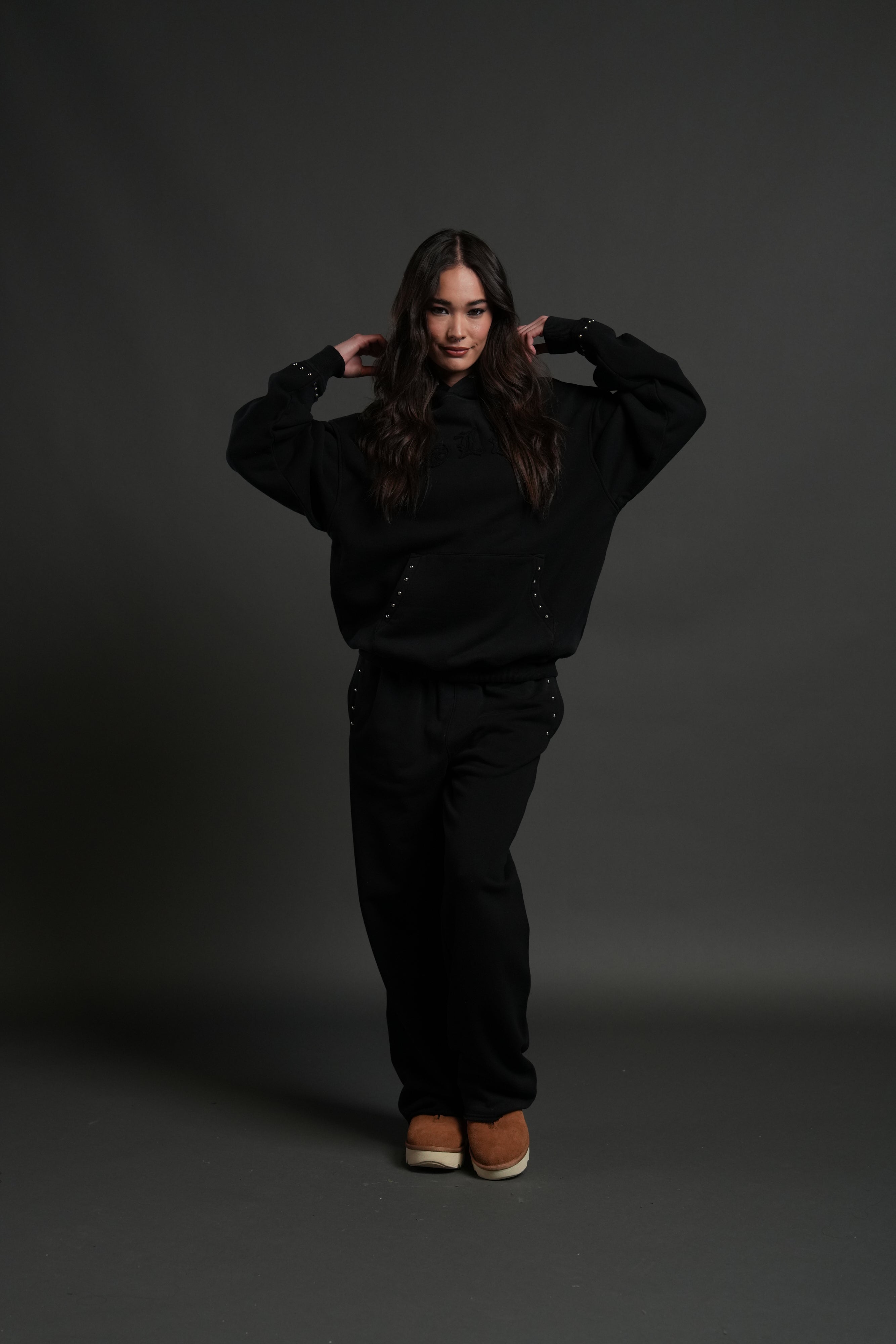 Studded Chopper Appliqué Pierce Hoodie in Black Drift Wash