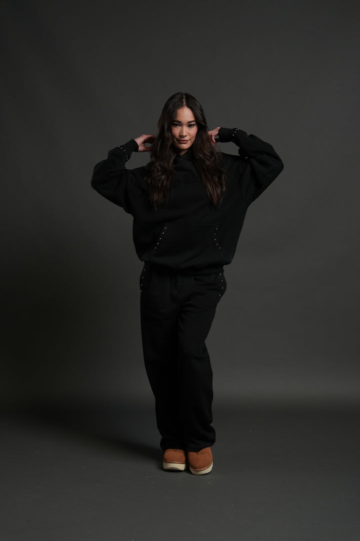 Studded Chopper Appliqué Pierce Hoodie in Black Drift Wash