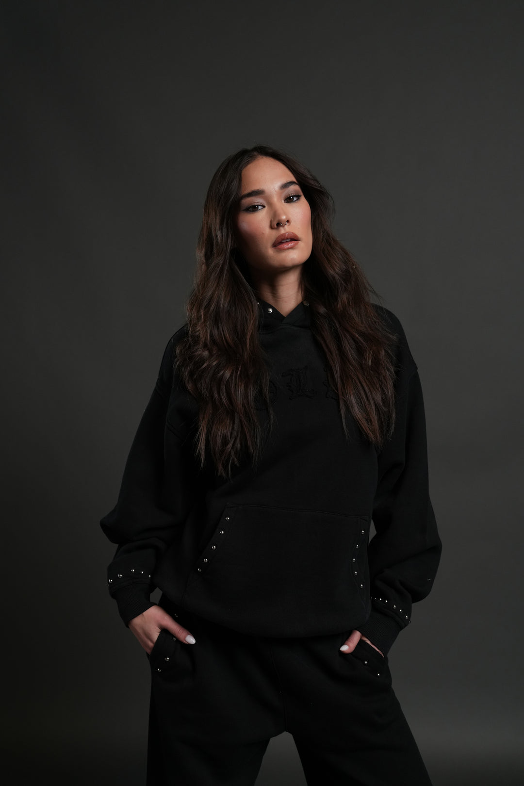 Studded Chopper Appliqué Pierce Hoodie in Black Drift Wash