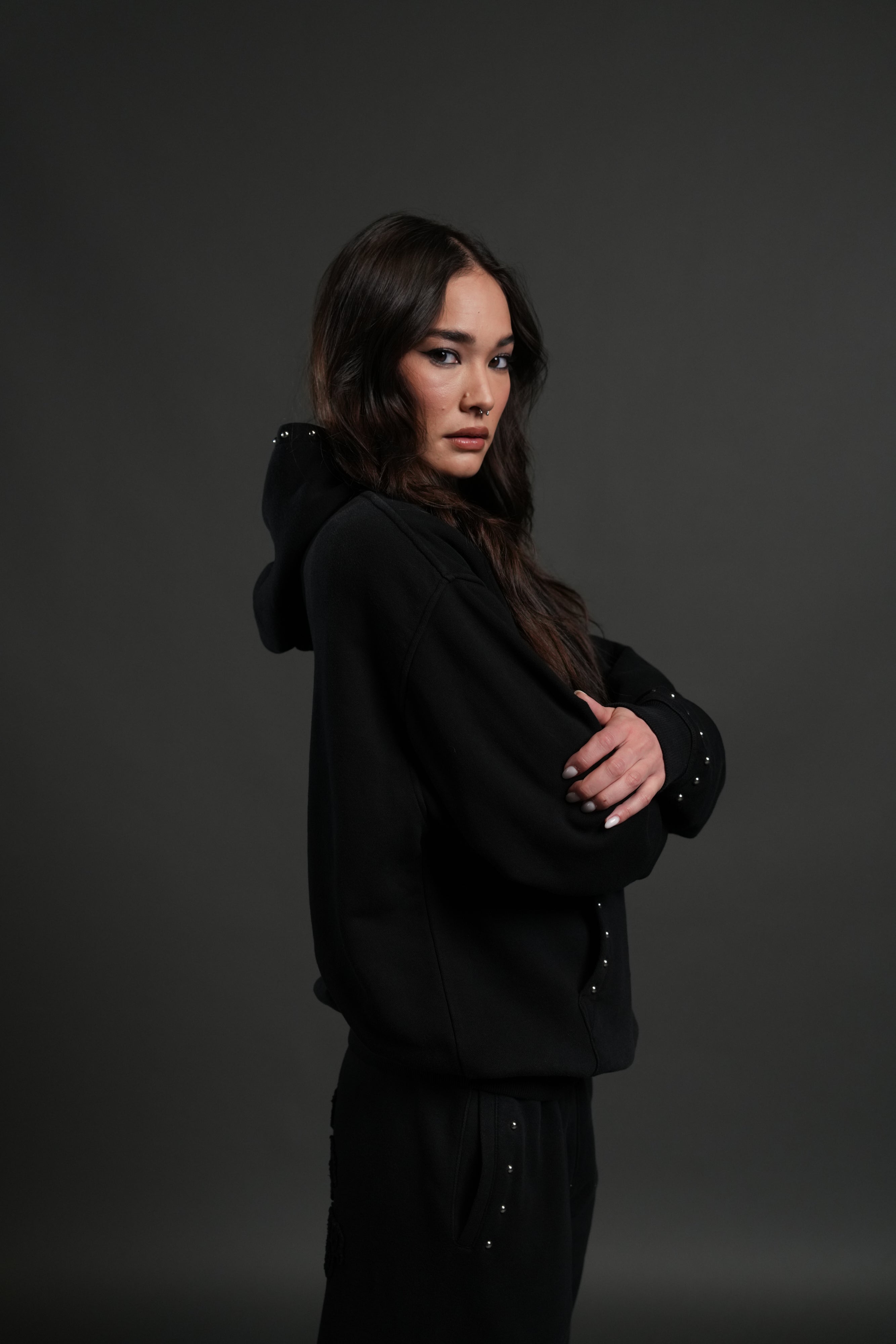 Studded Chopper Appliqué Pierce Hoodie in Black Drift Wash