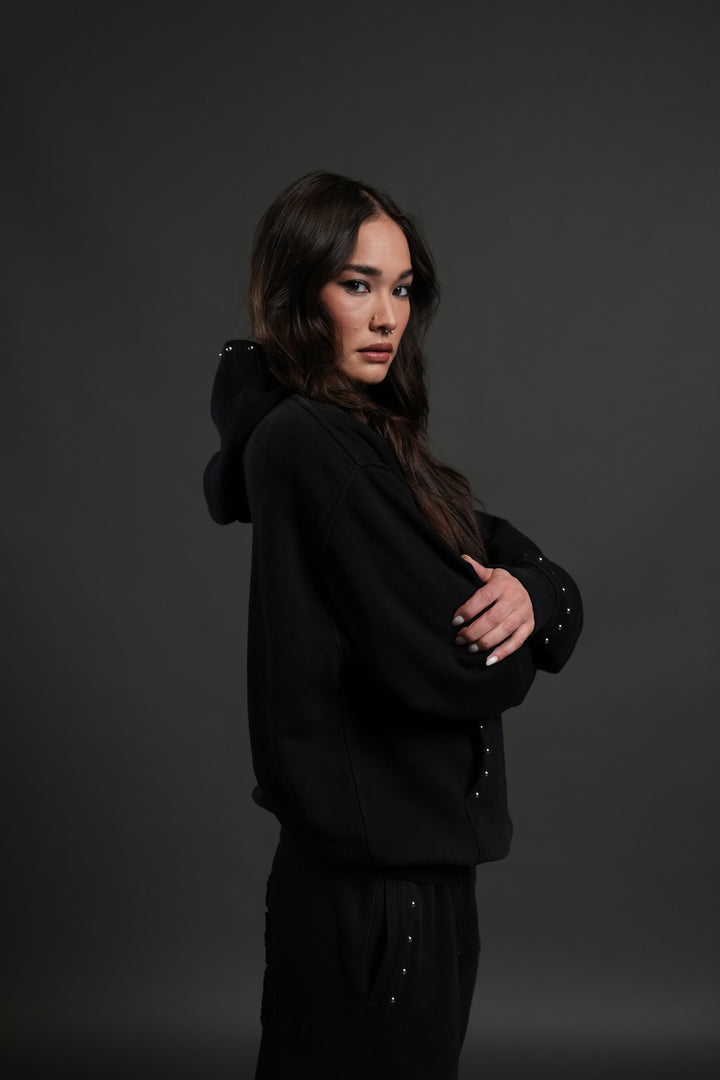 Studded Chopper Appliqué Pierce Hoodie in Black Drift Wash