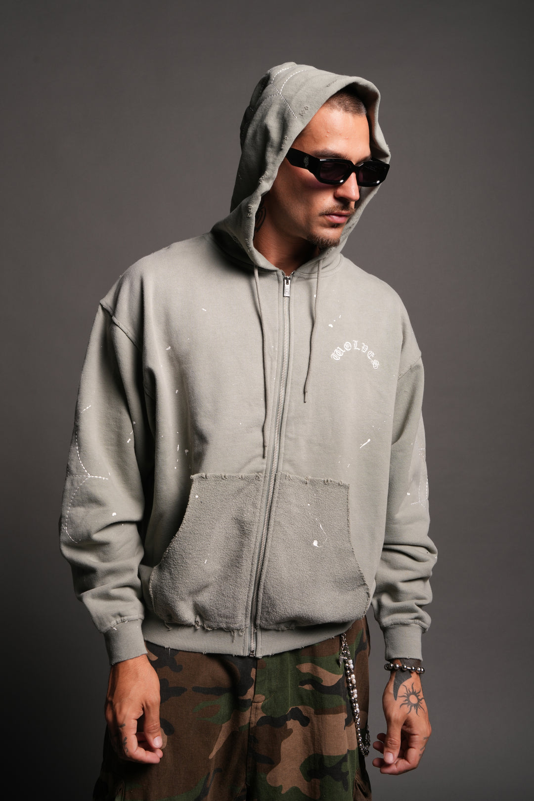 Sashiko Webs Grunge Moatis Zip Hoodie in Owen Green Sun Fade