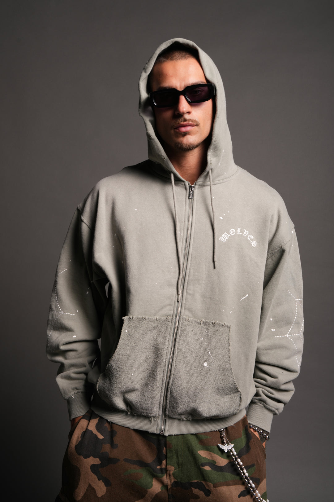 Sashiko Webs Grunge Moatis Zip Hoodie in Owen Green Sun Fade