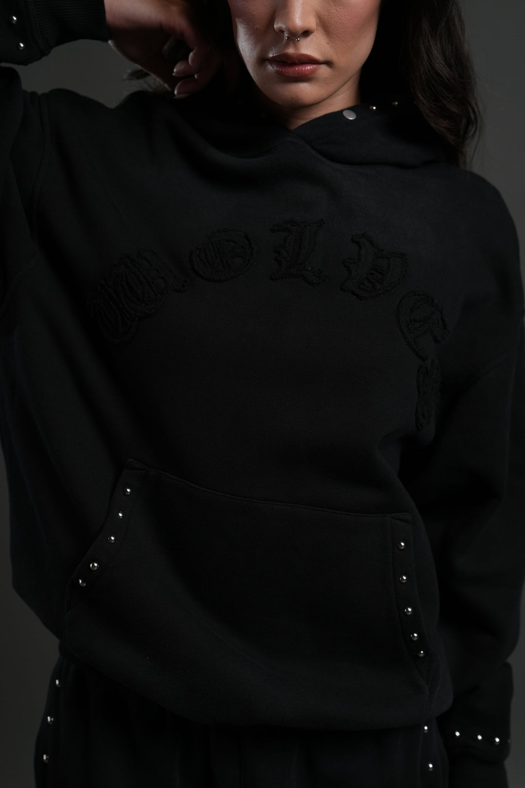 Studded Chopper Appliqué Pierce Hoodie in Black Drift Wash