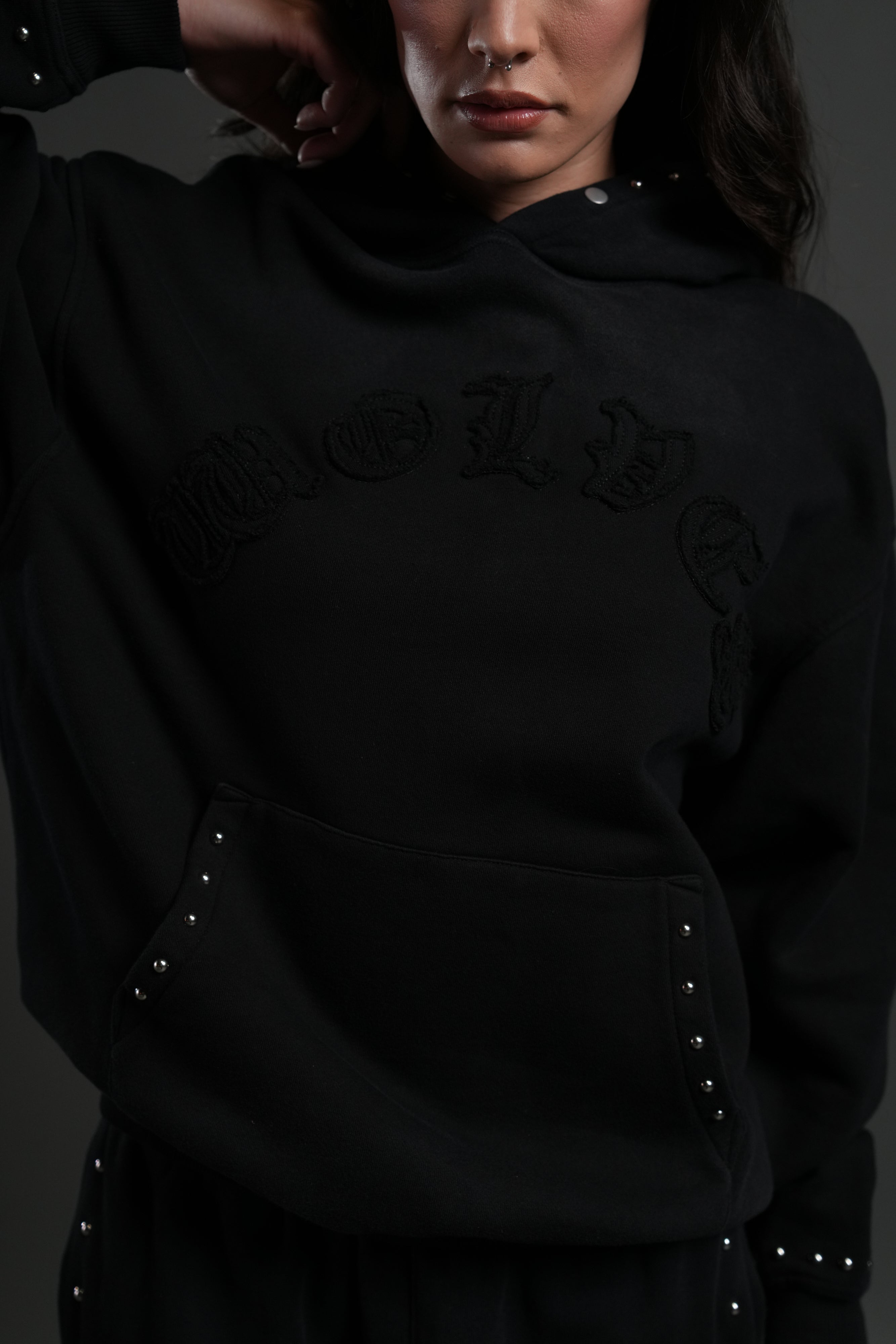 Studded Chopper Appliqué Pierce Hoodie in Black Drift Wash