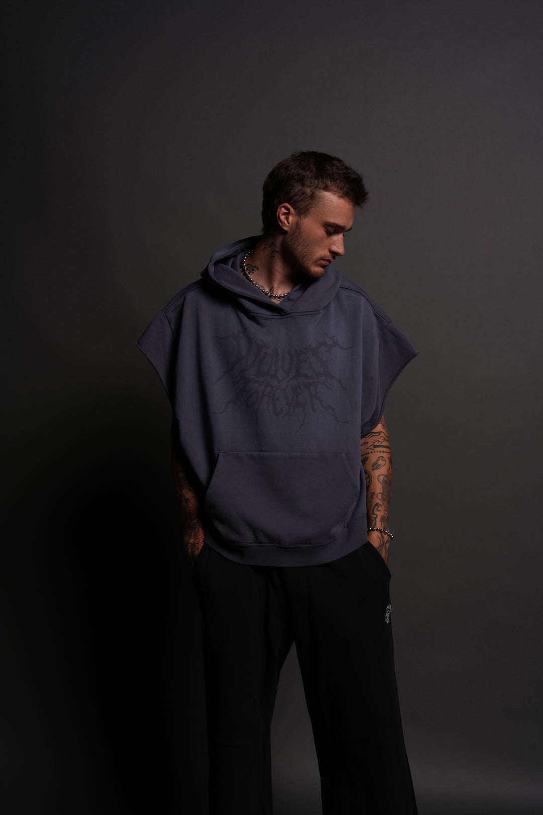 Forged From Iron Grunge Gage Cap Sleeve Hoodie in Midnight Blue Horizon Sun Fade