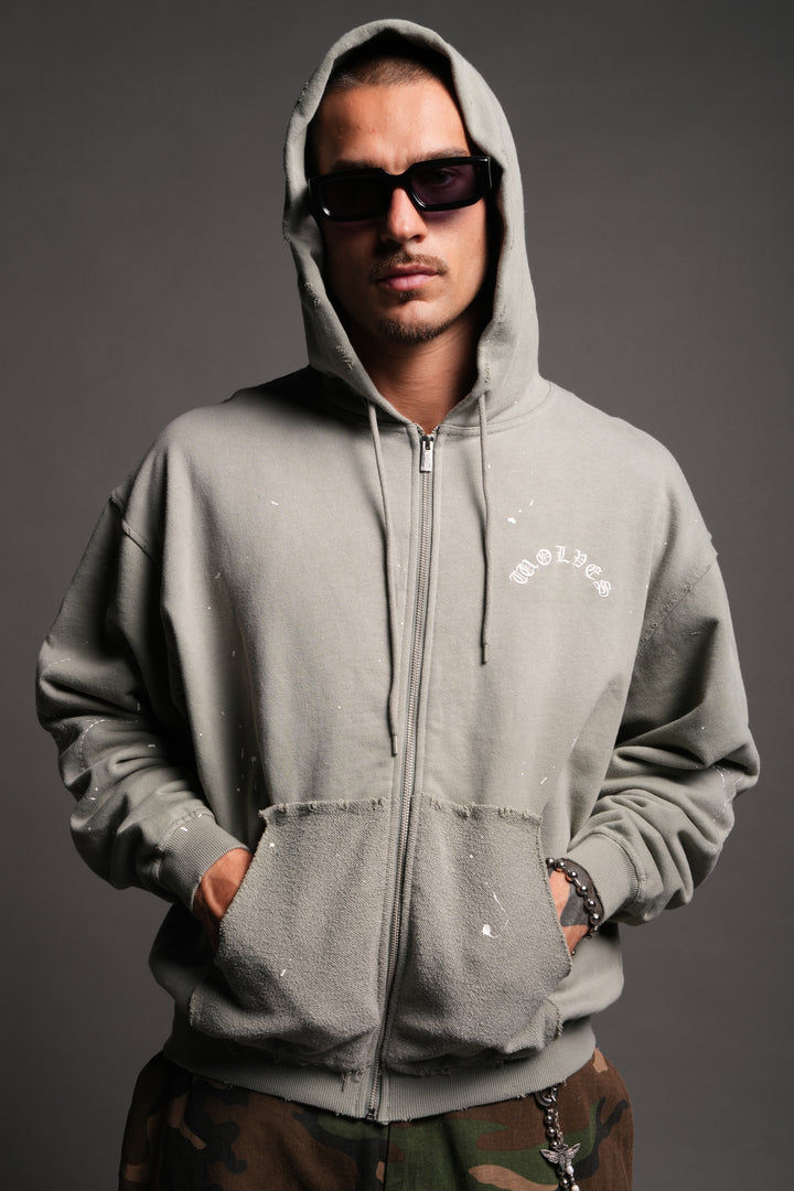 Sashiko Webs Grunge Moatis Zip Hoodie in Owen Green Sun Fade