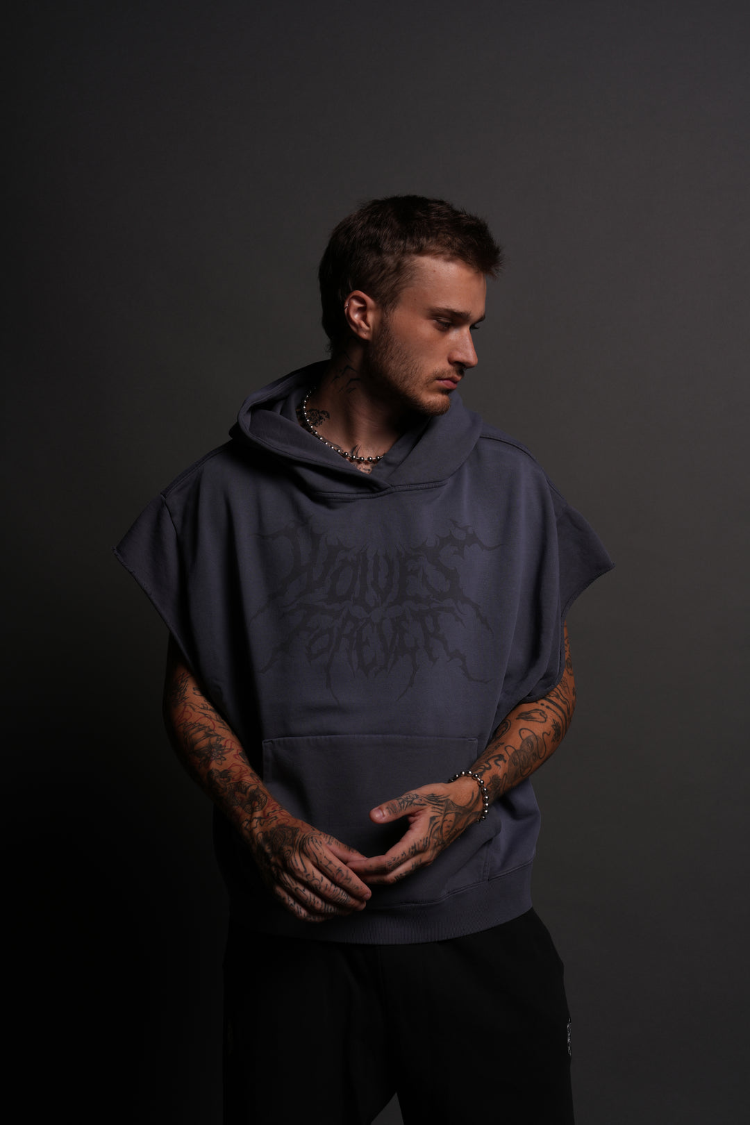 Forged From Iron Grunge Gage Cap Sleeve Hoodie in Midnight Blue Horizon Sun Fade