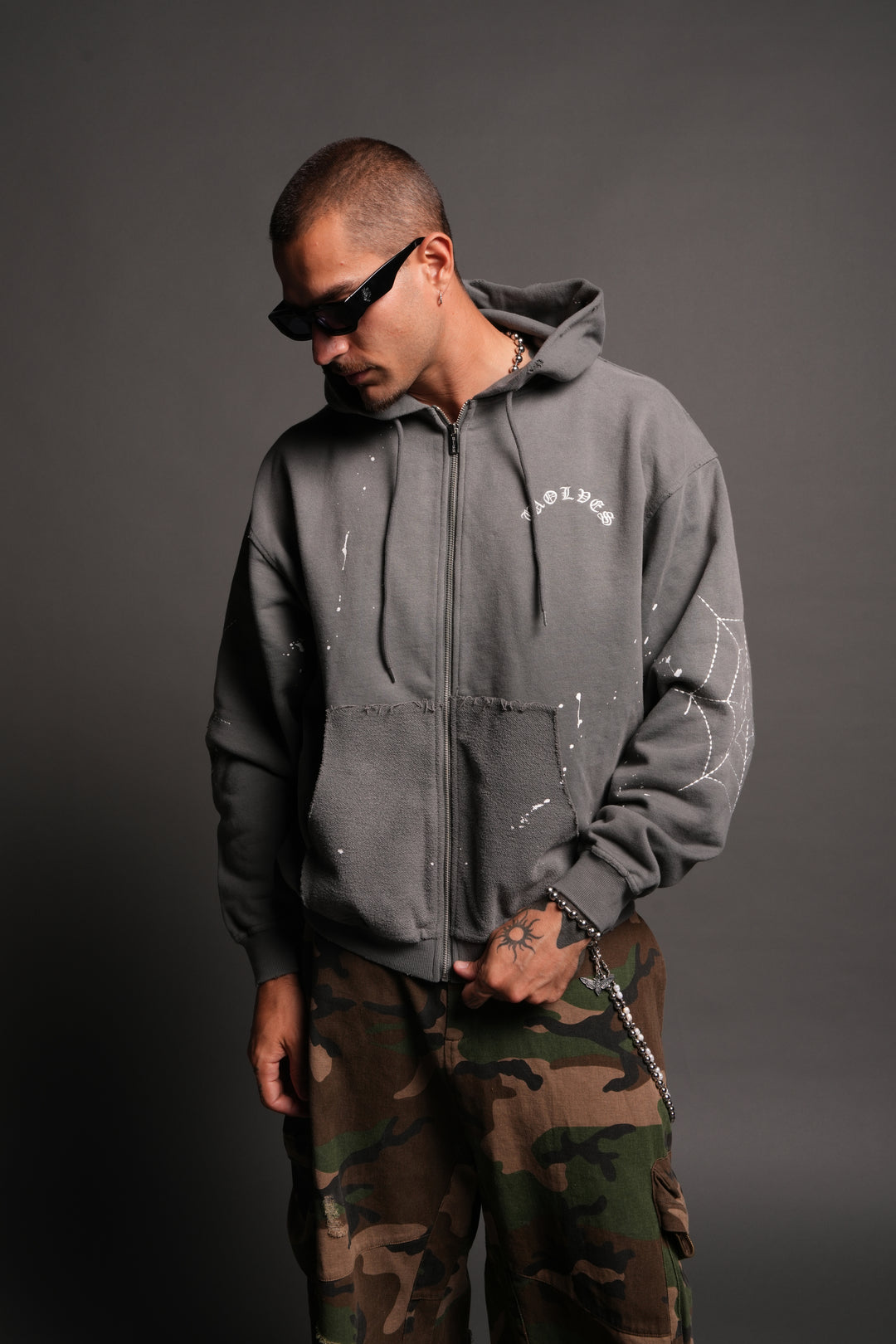 Sashiko Webs Grunge Moatis Zip Hoodie in Slate Gray Sun Fade