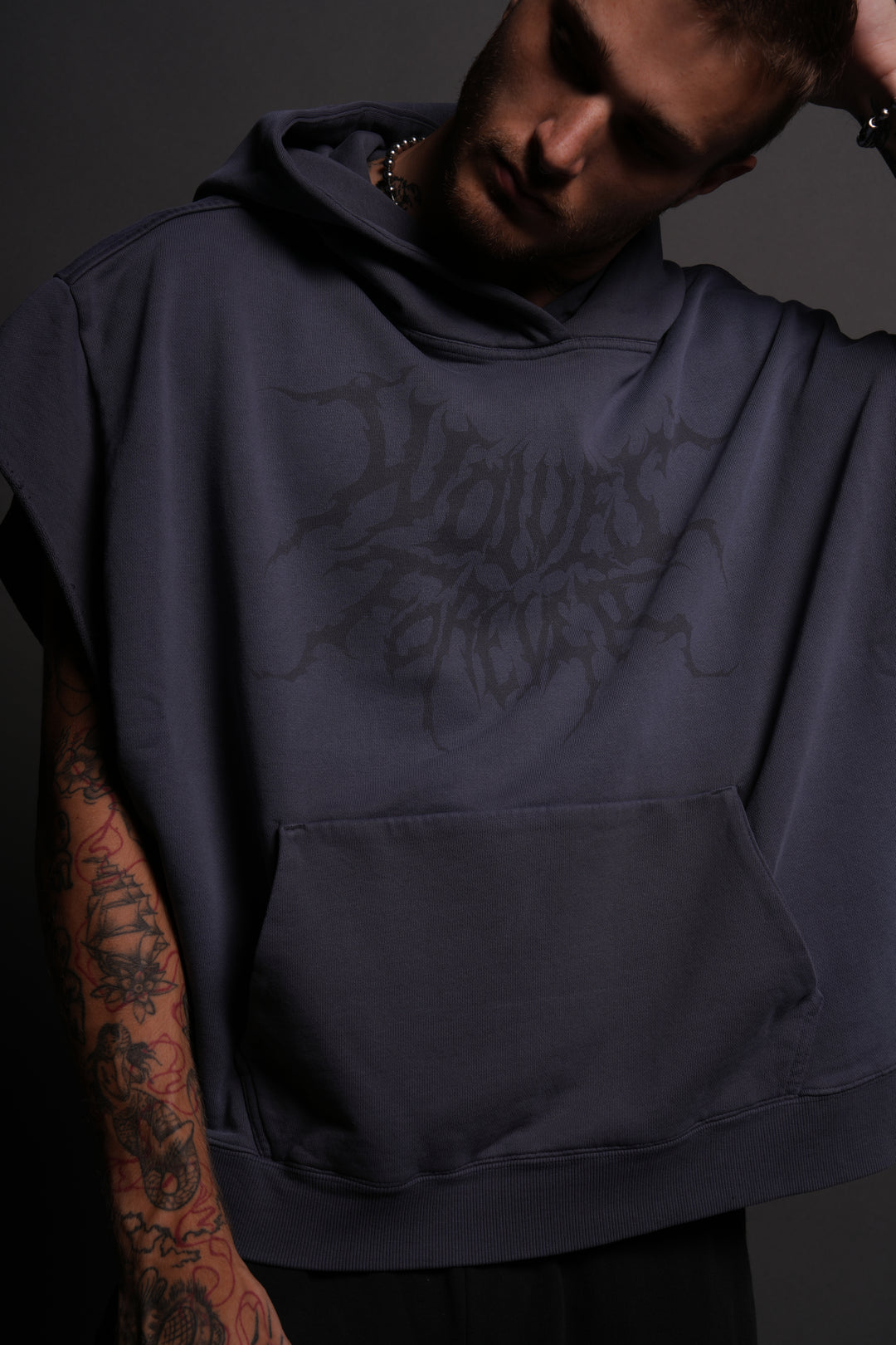 Forged From Iron Grunge Gage Cap Sleeve Hoodie in Midnight Blue Horizon Sun Fade