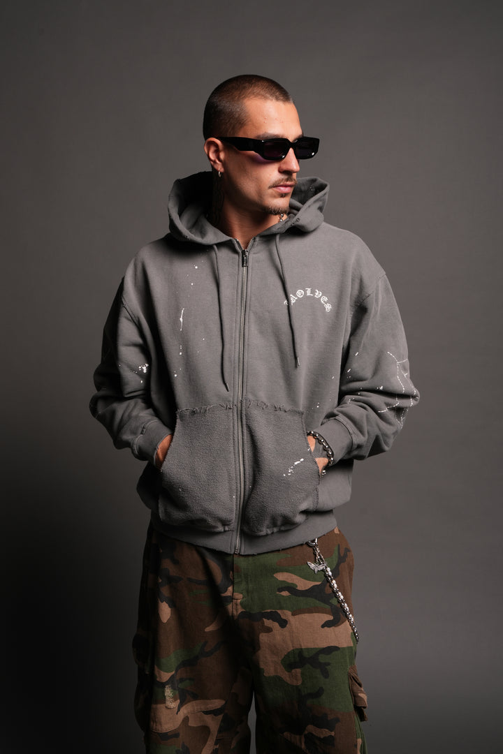 Sashiko Webs Grunge Moatis Zip Hoodie in Slate Gray Sun Fade