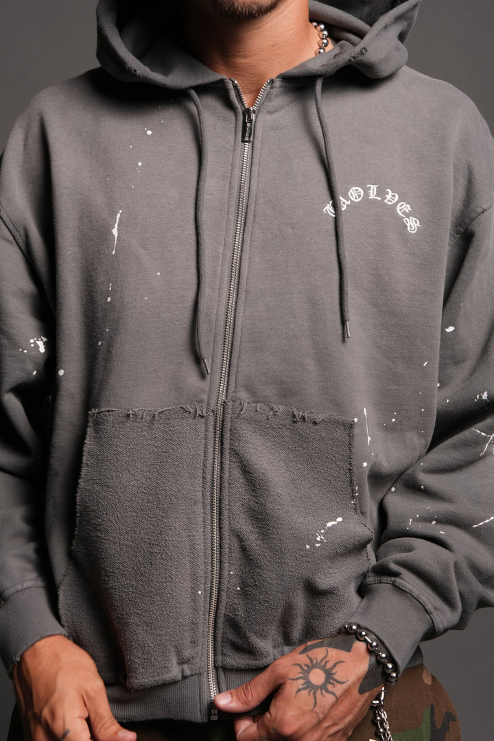 Sashiko Webs Grunge Moatis Zip Hoodie in Slate Gray Sun Fade