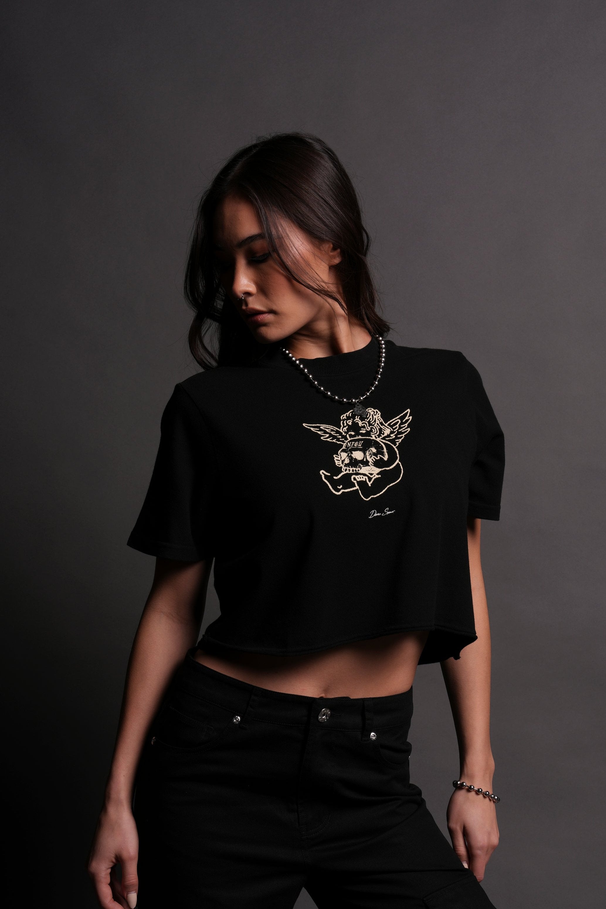 Cherub and the Skull "Premium" (Cropped) Tee in Black