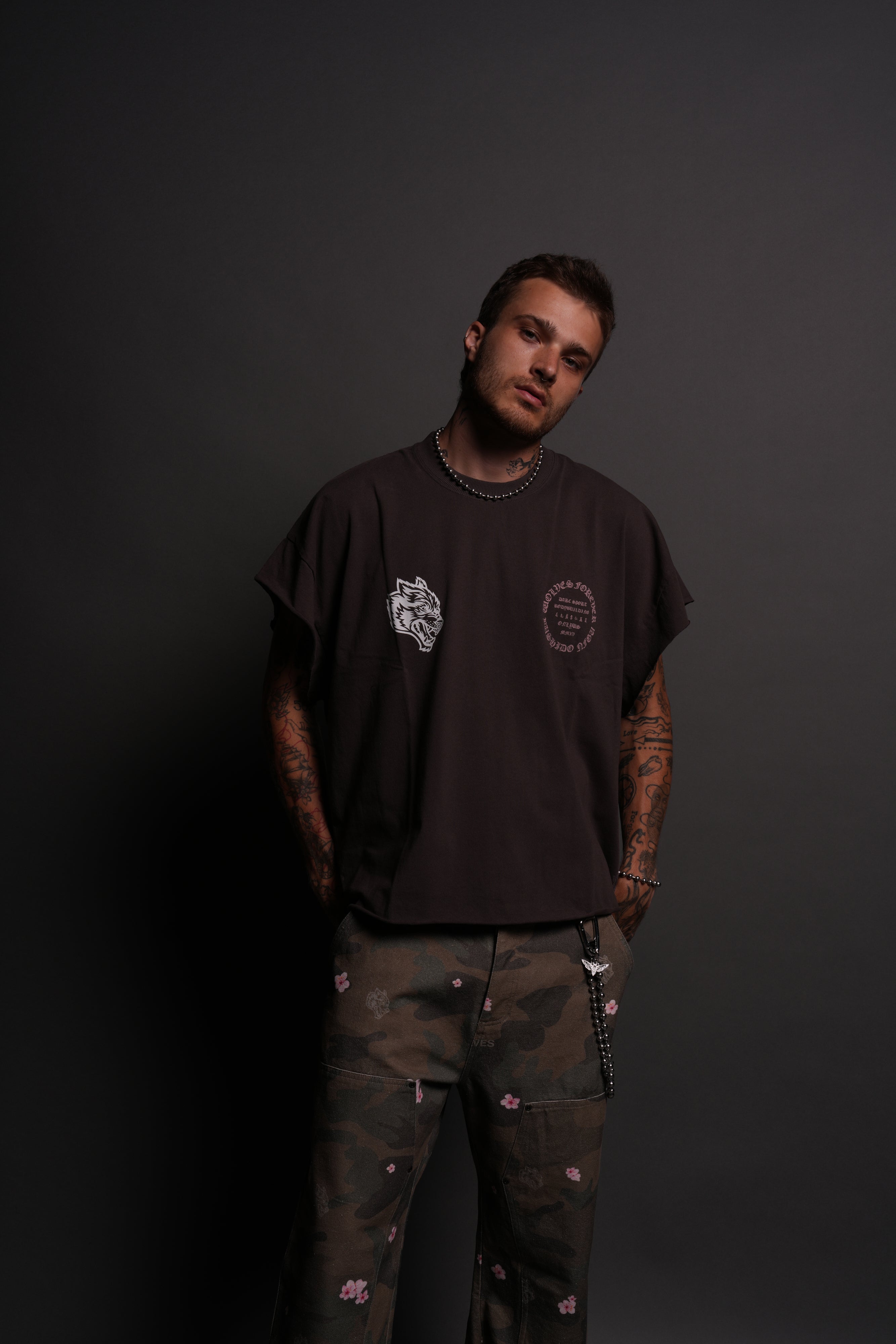 Warrior's Fire Grunge Cut-Off Tee in Darc Brown