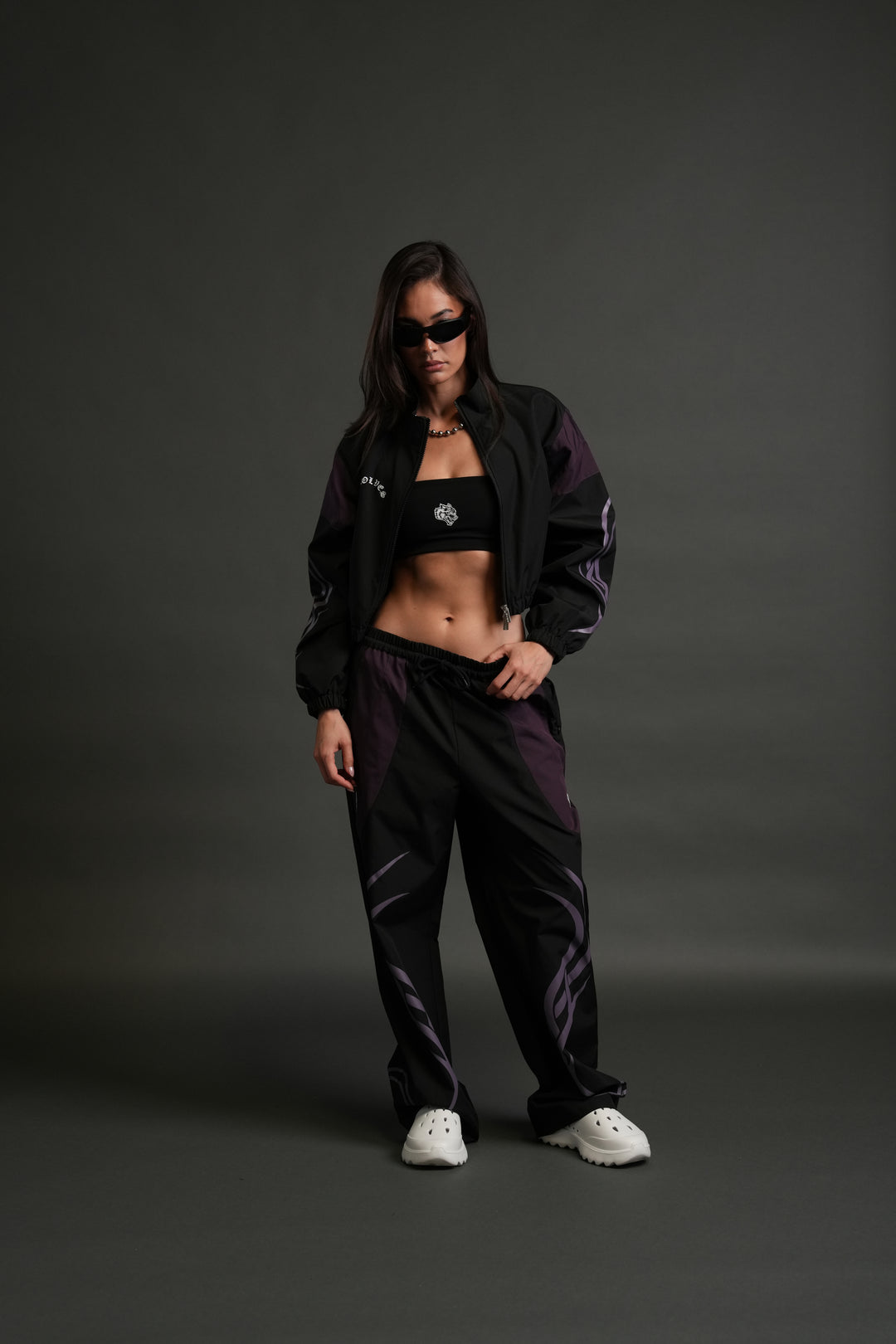 Dual Finite Code She Nadia Track Pants in Black/Phantom Purple