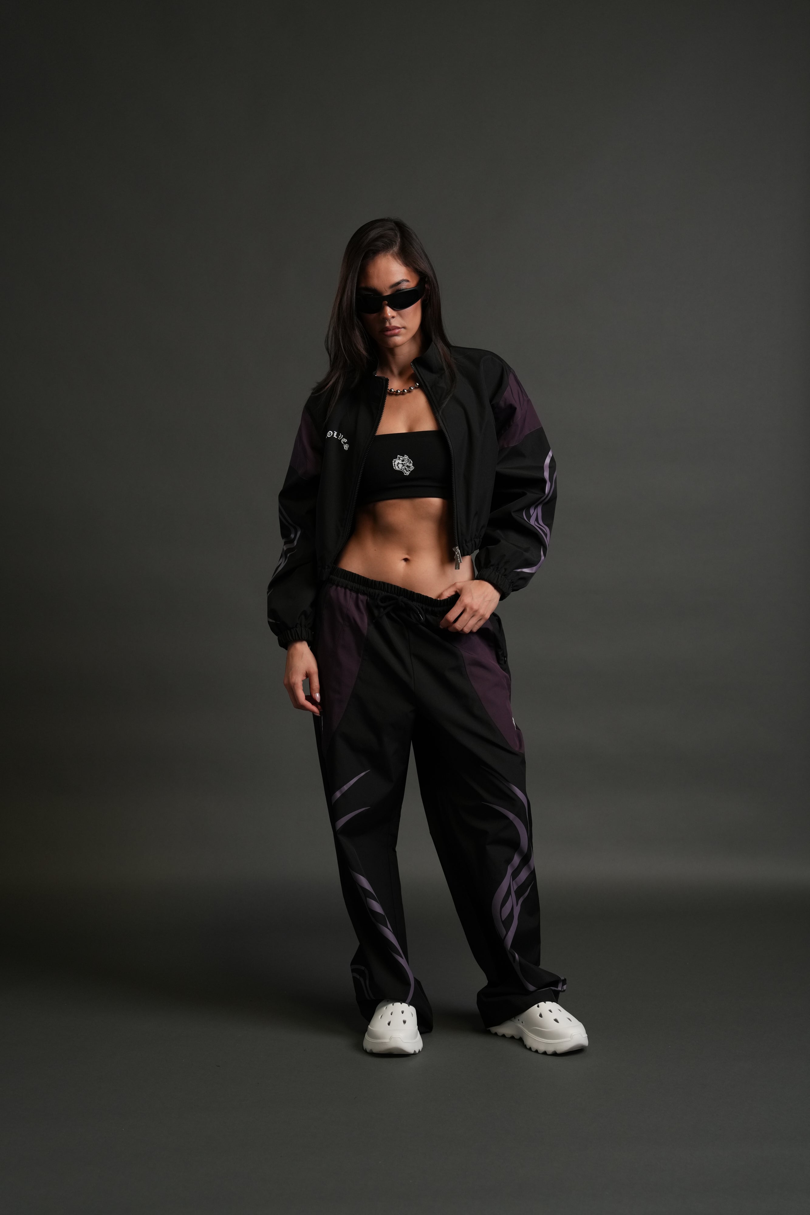 Dual Finite Code She Nadia Track Pants in Black/Phantom Purple