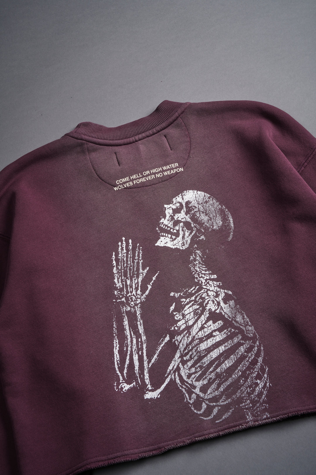 No Weapon Shall Prosper (Cropped) Crewneck in Cherry Wine Tonal Sun Fade