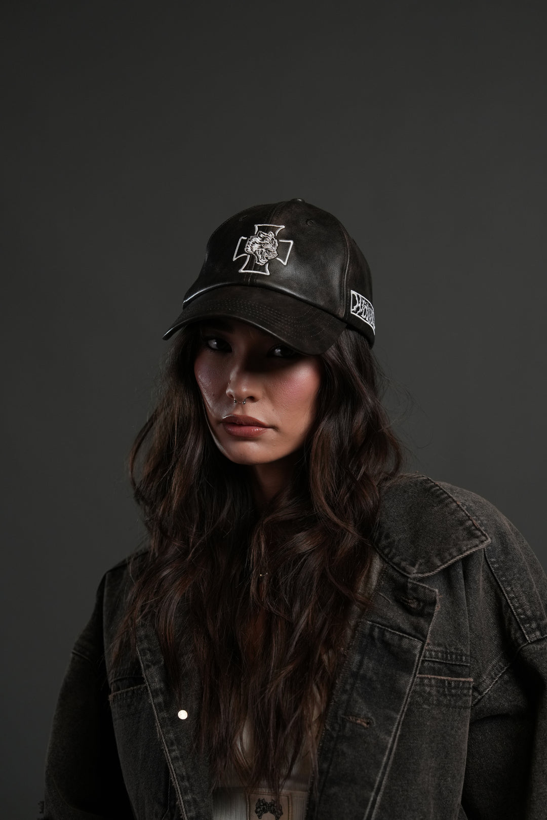 Iron Wolf Head Faux Leather Dad Hat in Black