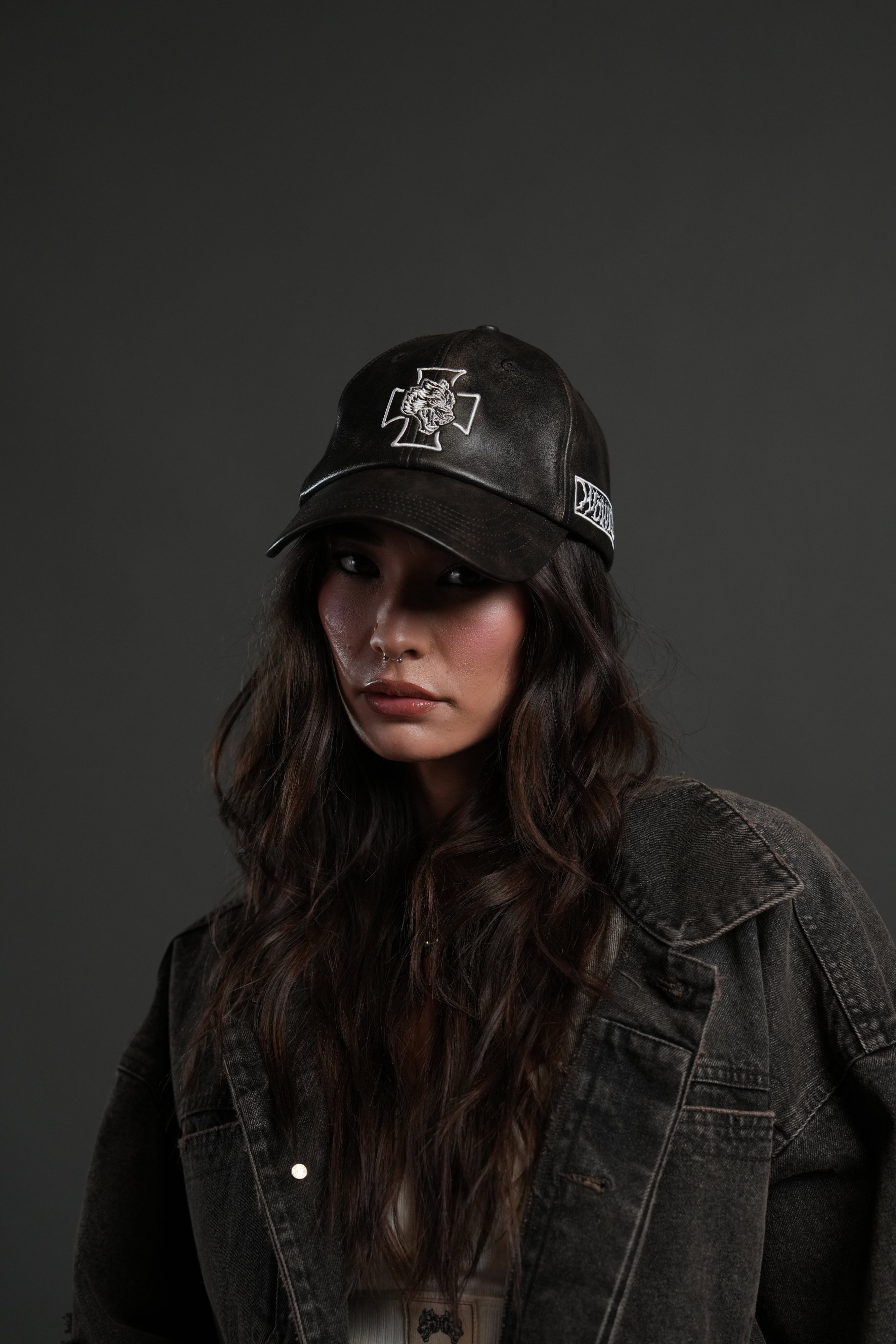 Iron Wolf Head Faux Leather Dad Hat in Black