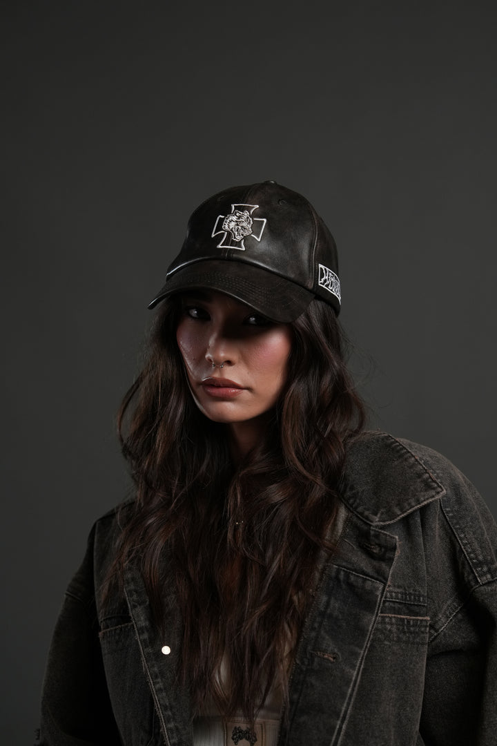 Iron Wolf Head Faux Leather Dad Hat in Black