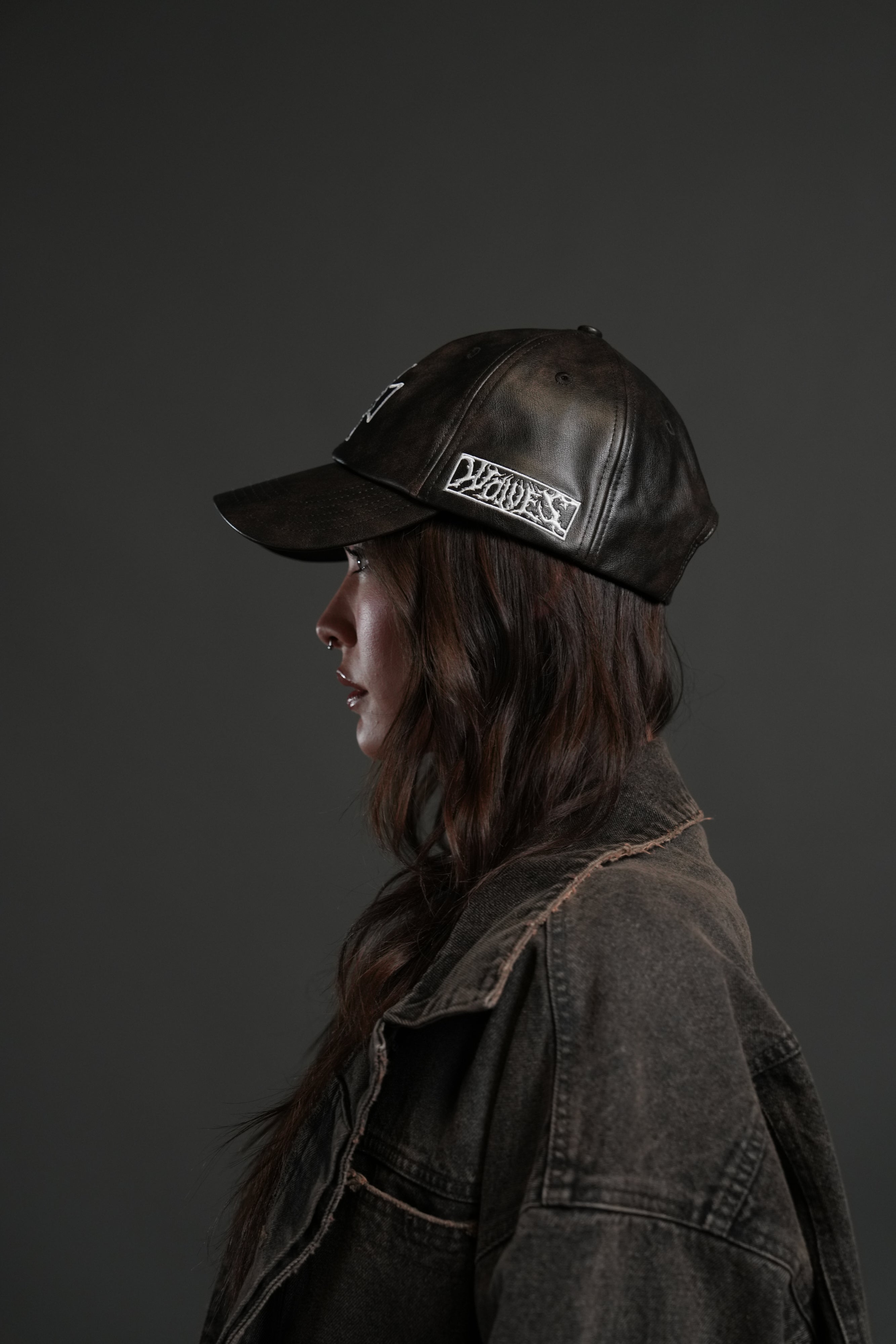 Iron Wolf Head Faux Leather Dad Hat in Black