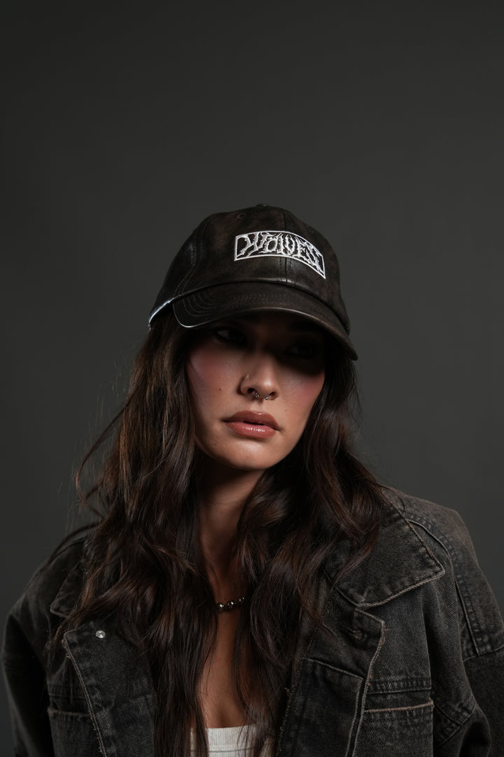 Midnight Wolves Faux Leather Dad Hat in Black