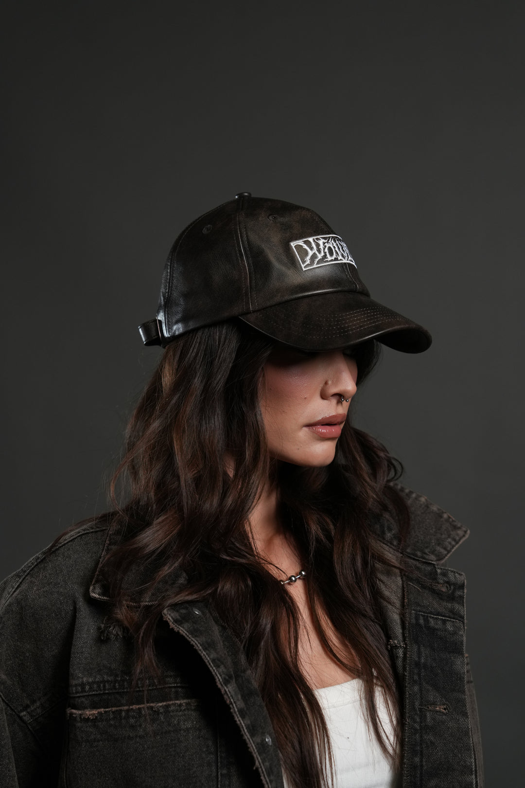 Midnight Wolves Faux Leather Dad Hat in Black