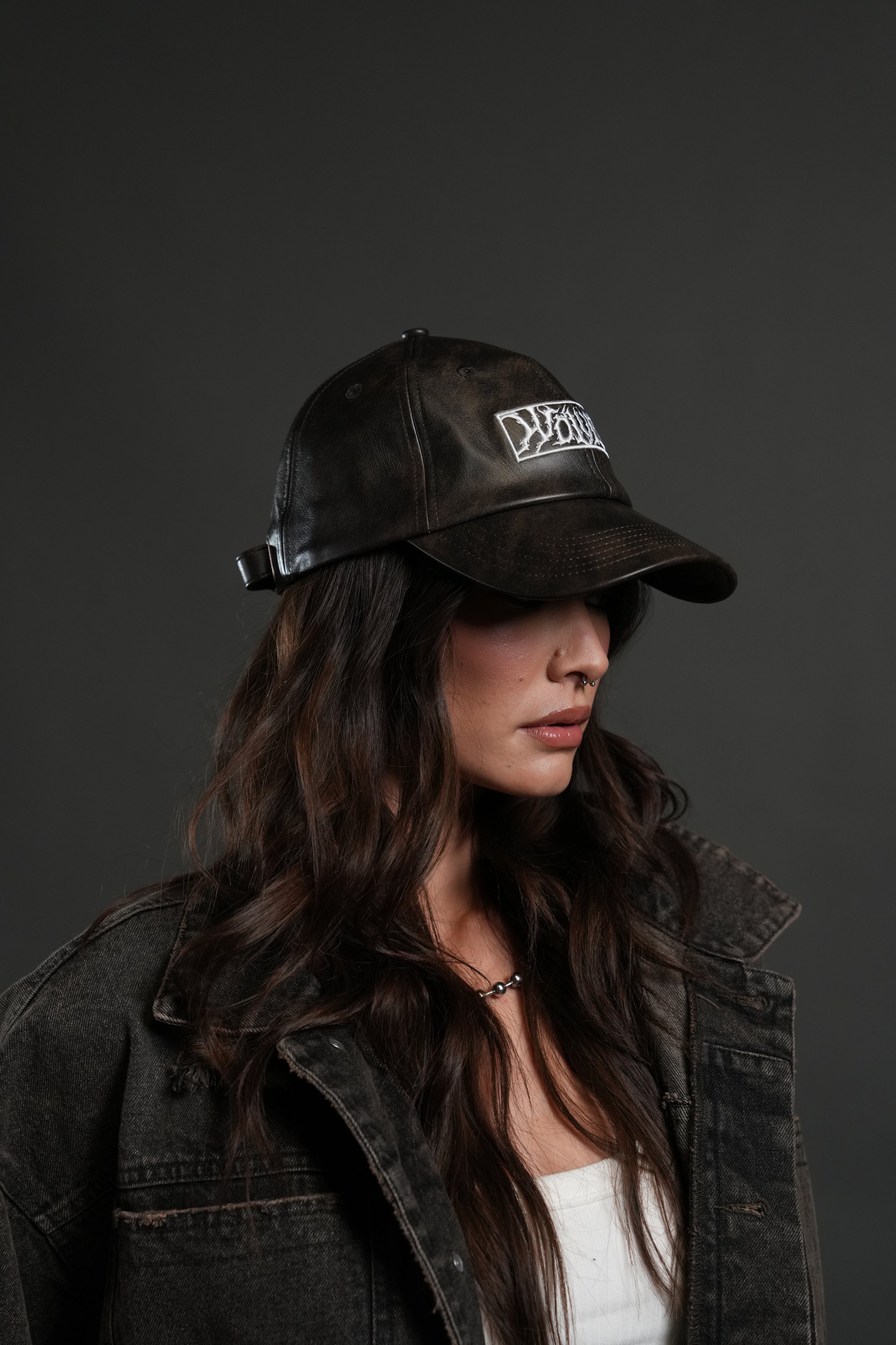 Midnight Wolves Faux Leather Dad Hat in Black