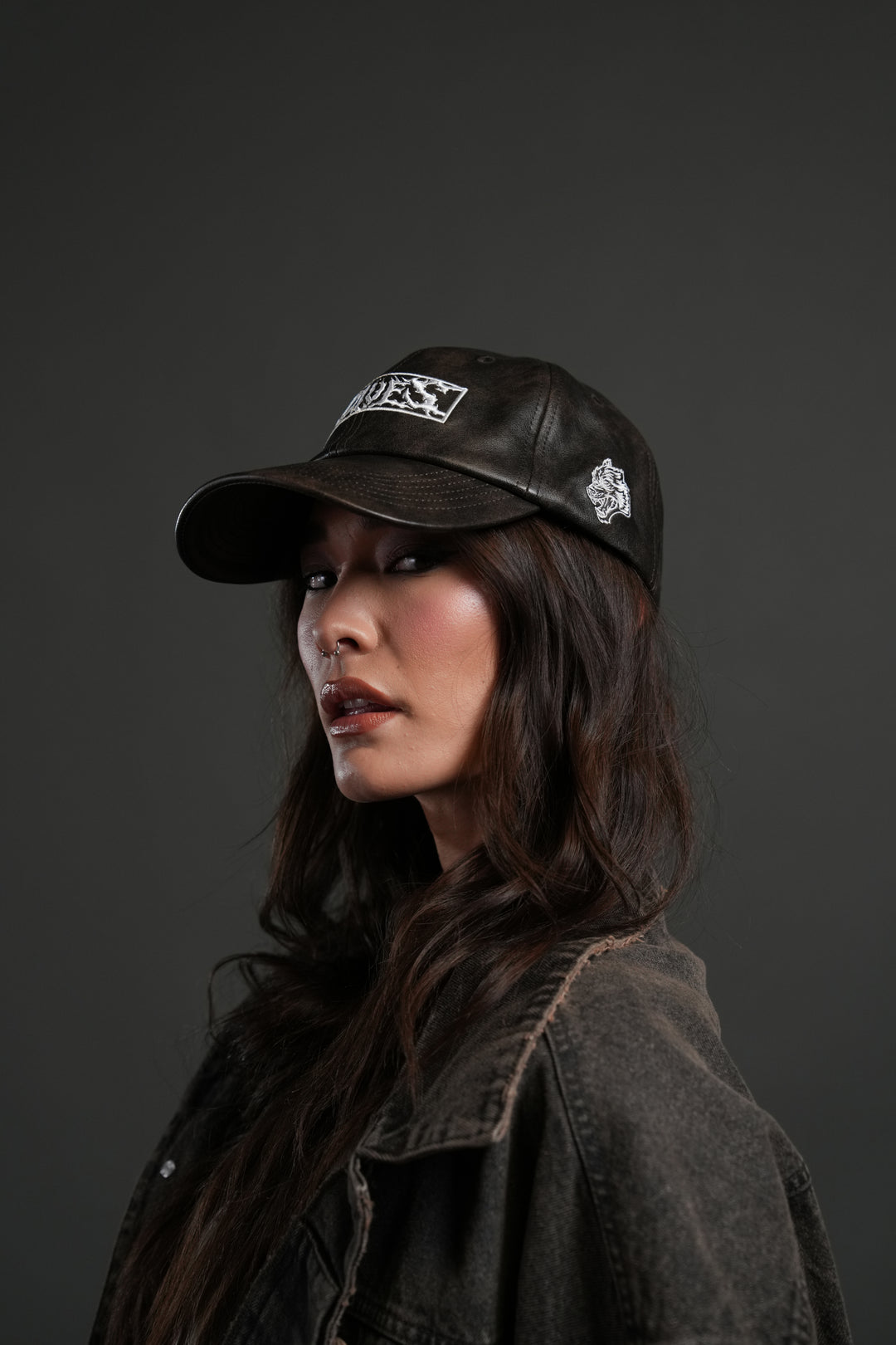 Midnight Wolves Faux Leather Dad Hat in Black