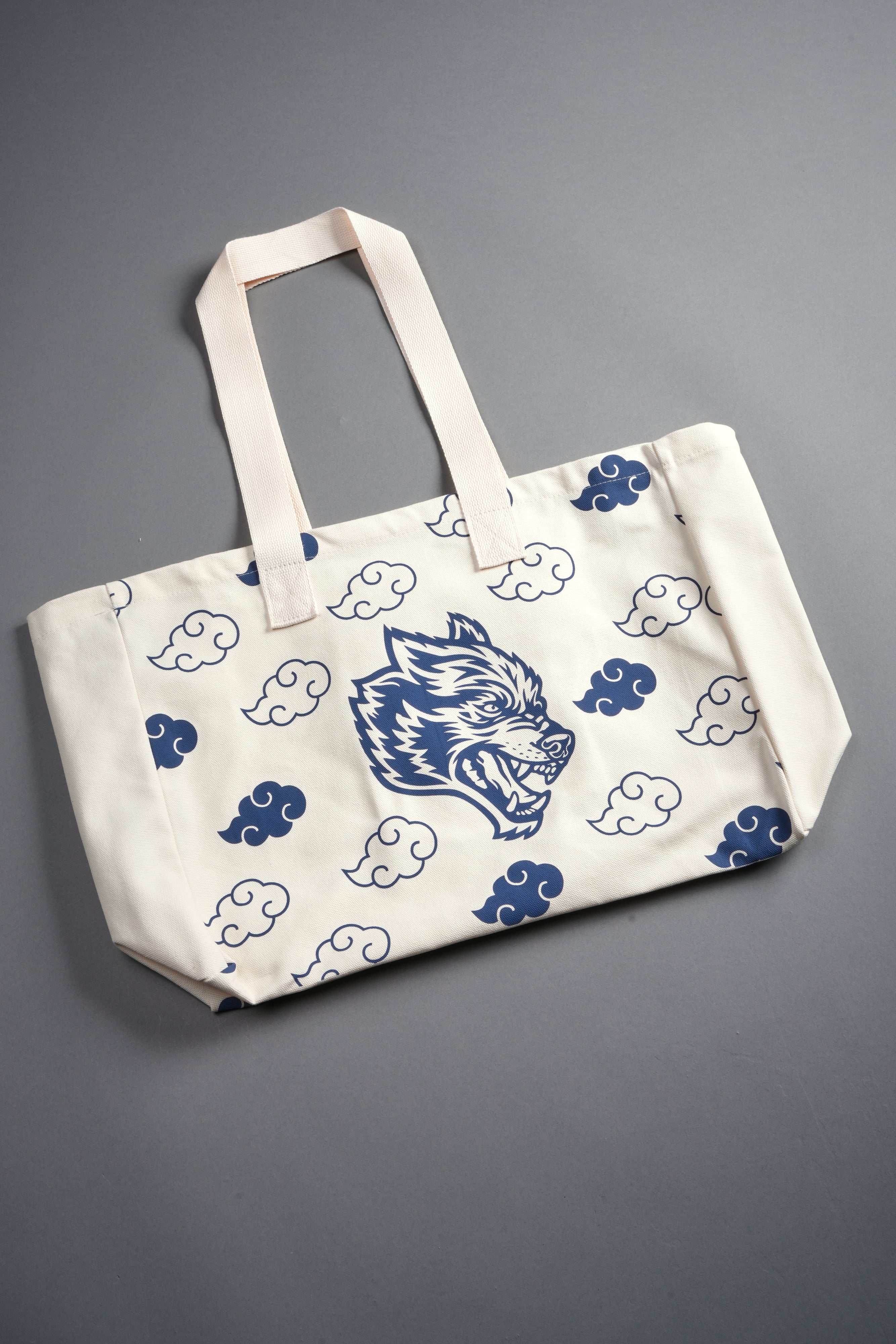 Wolf Clouds Canvas Tote in Cream/Blue