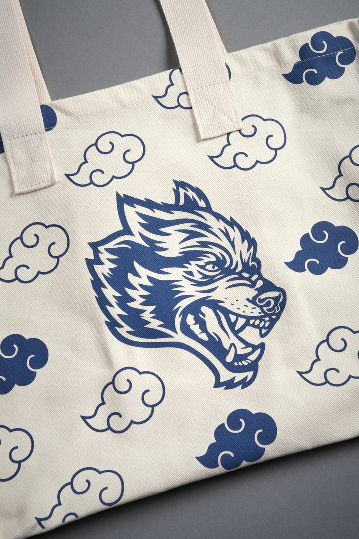 Wolf Clouds Canvas Tote in Cream/Blue