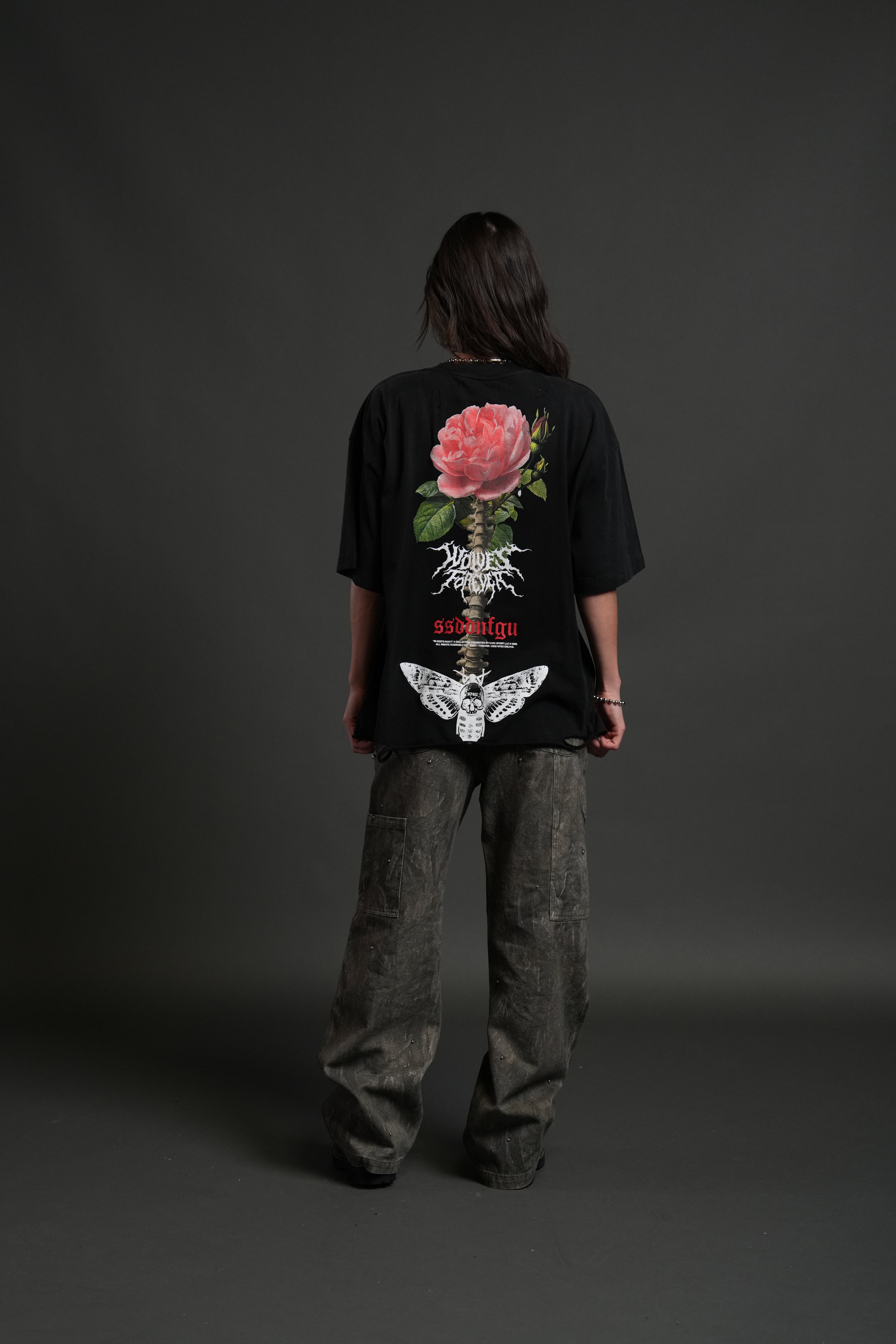 Mori Rose Distressed Grunge Tee in Black Drift Wash