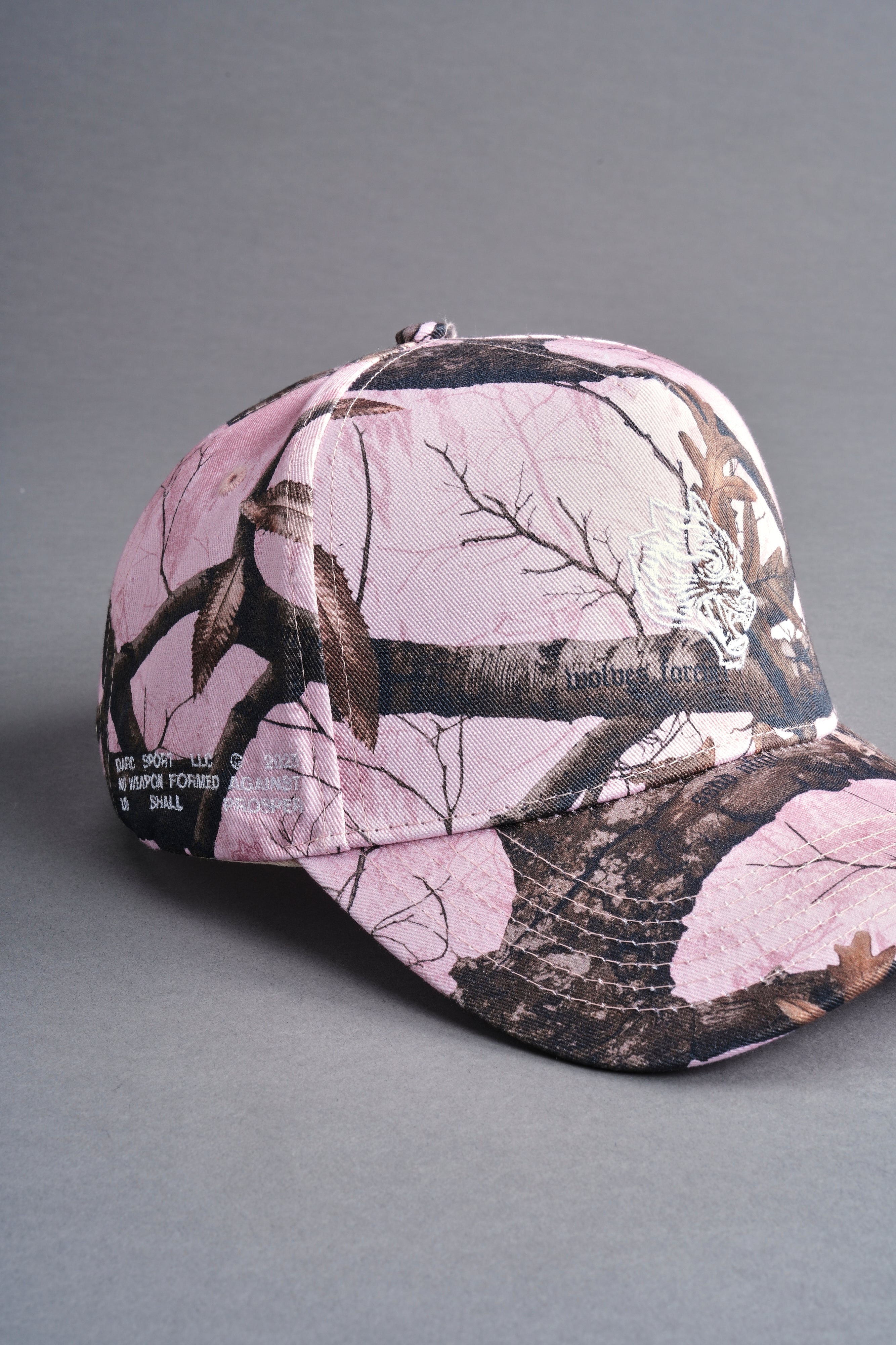 Our Passion 5 Panel Hat in Brown/Light Mauve Woodland Camo